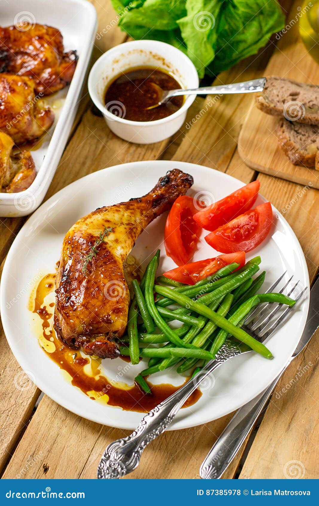 Caramelized Baked Chicken Legs with Green Beans Stock Photo Image of