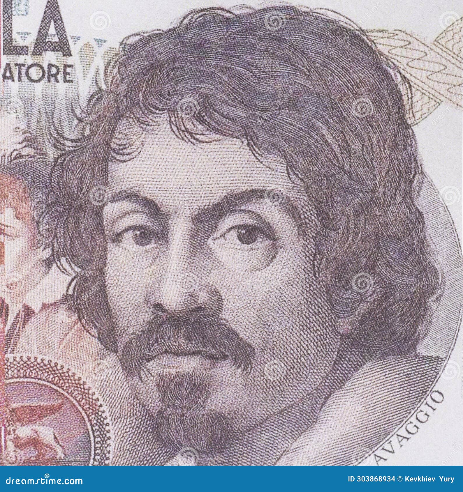caravaggio portrait from italy 100000 lire banknotes.