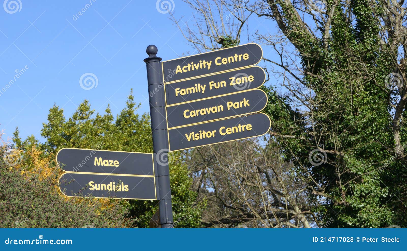 Caravan, Car Park and Visitor Centre Signs at the Park Stock Photo