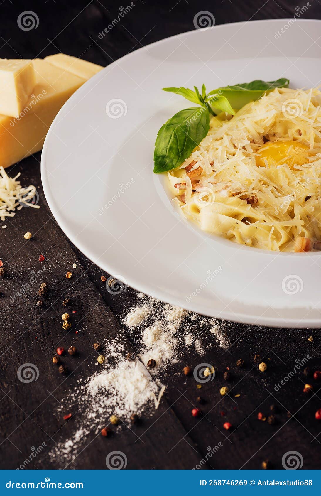 Carbonara Pasta with Raw Egg, Bacon and Parmesan Cheese Stock Image