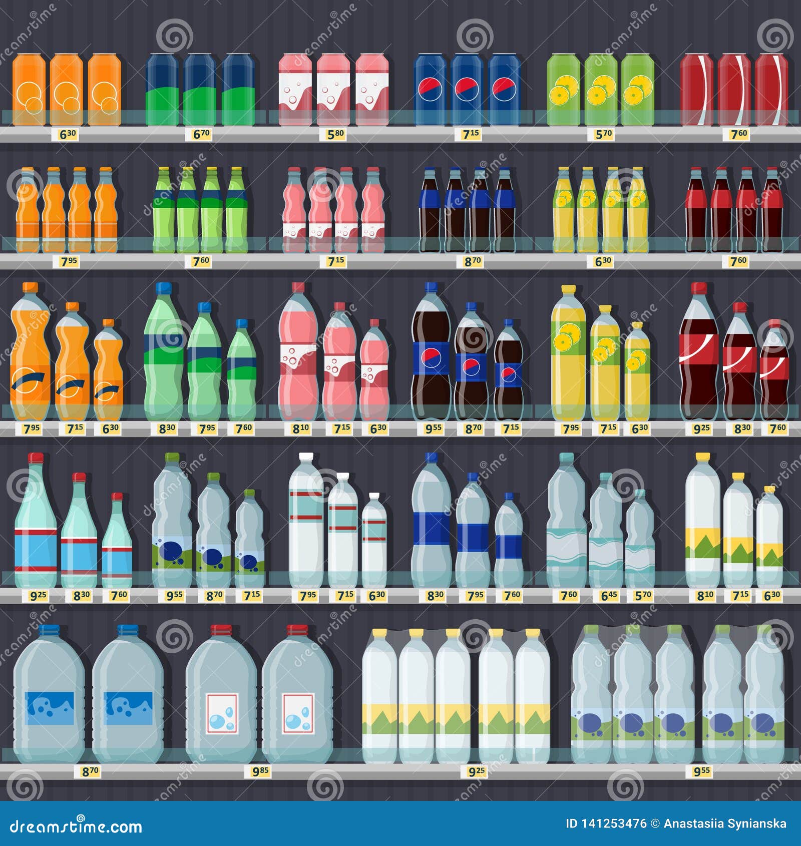 Carbonated Drinks and Water Prices, Standing on the Shelf Stock Vector