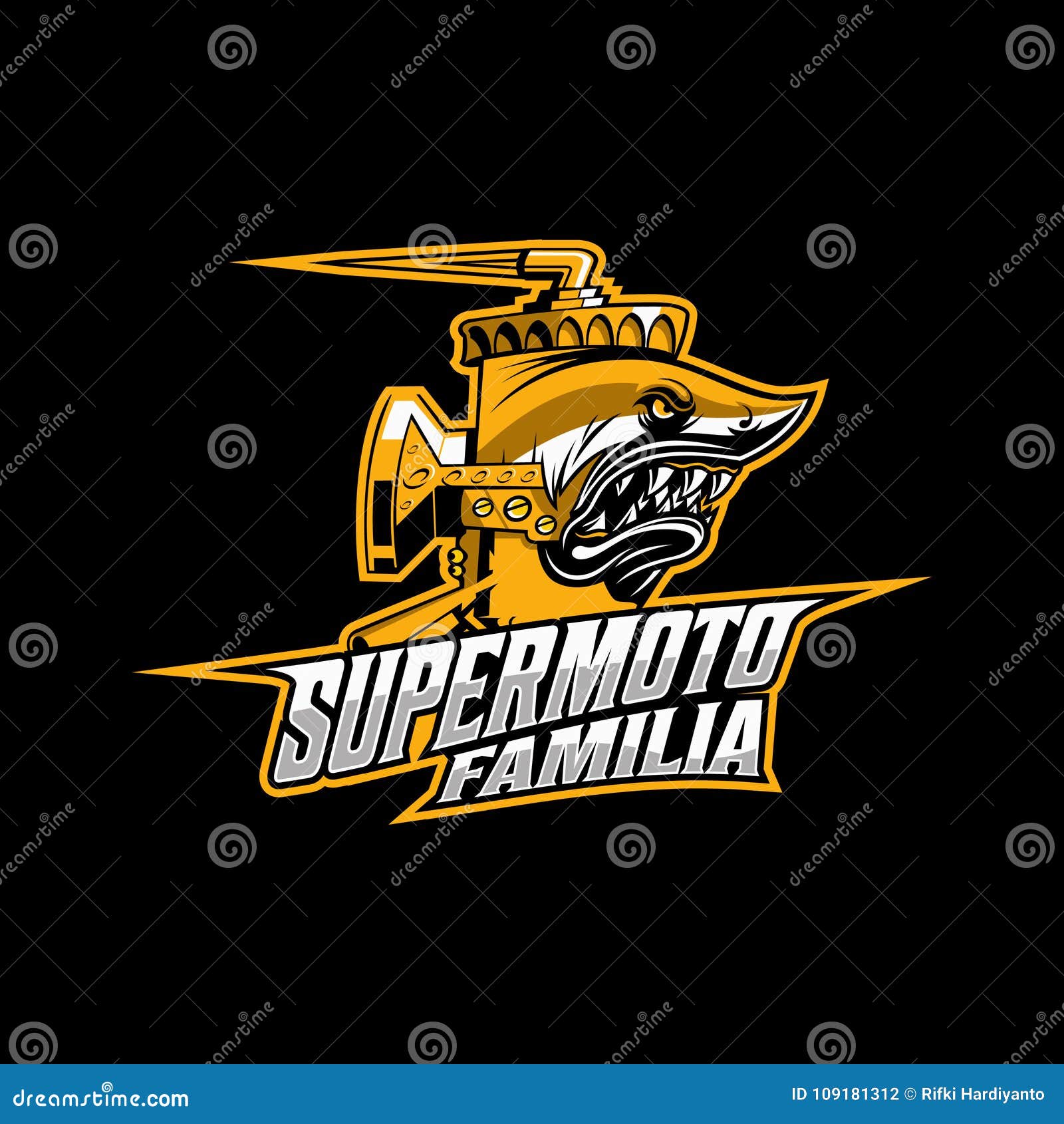 carburetor and shark head logo ilustrated emblem