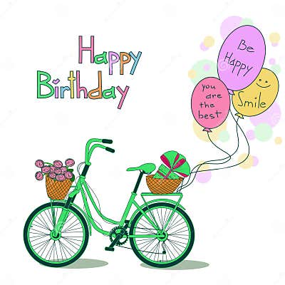 Card for Birthday with Bicycle and Balloons Stock Vector - Illustration ...