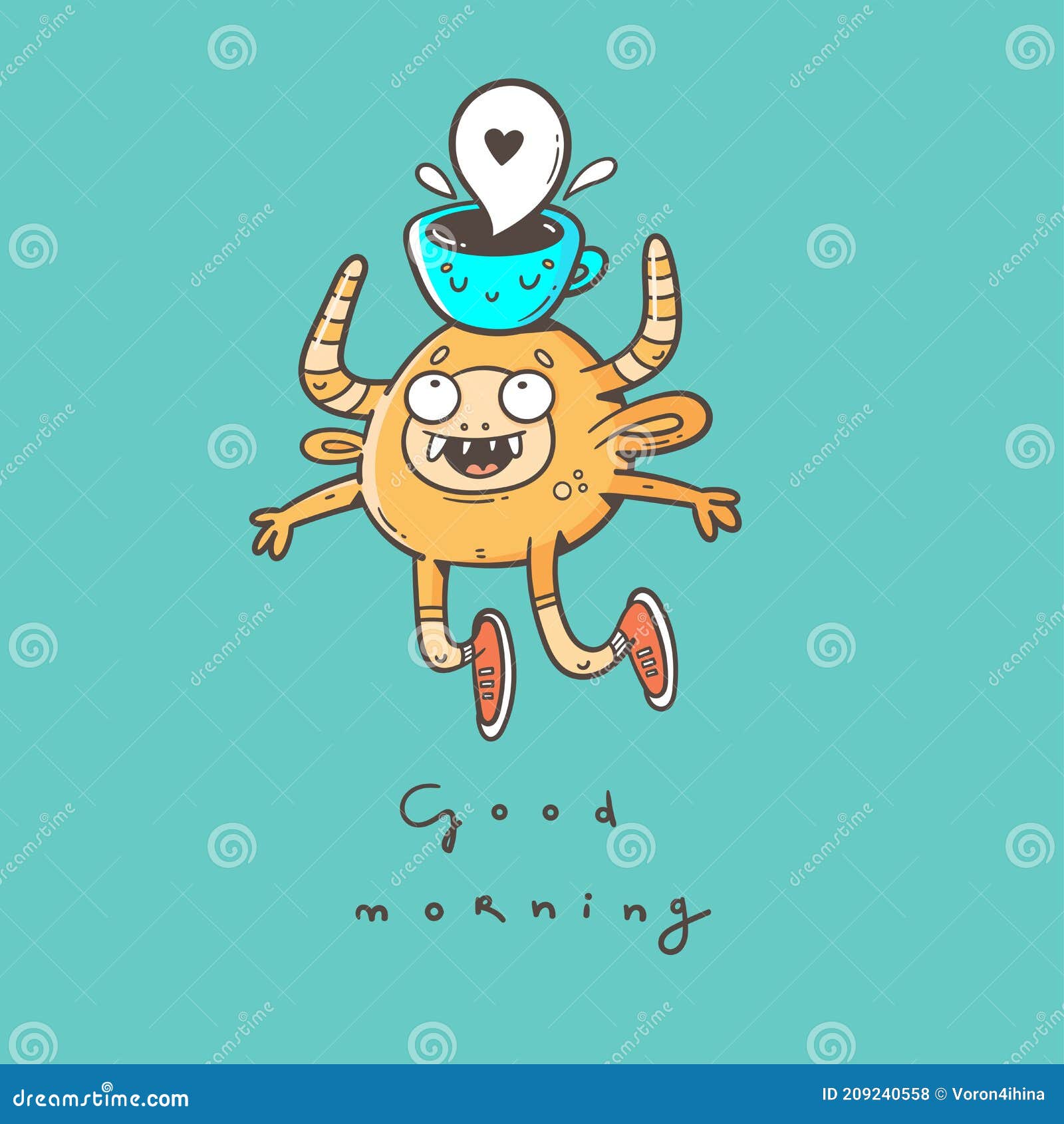 Card with Cute Cartoon Monster and Cup of Coffee. Good Morning Wishes. Funny  Doodle Creature Print Stock Vector - Illustration of cheerfulness, happy:  209240558