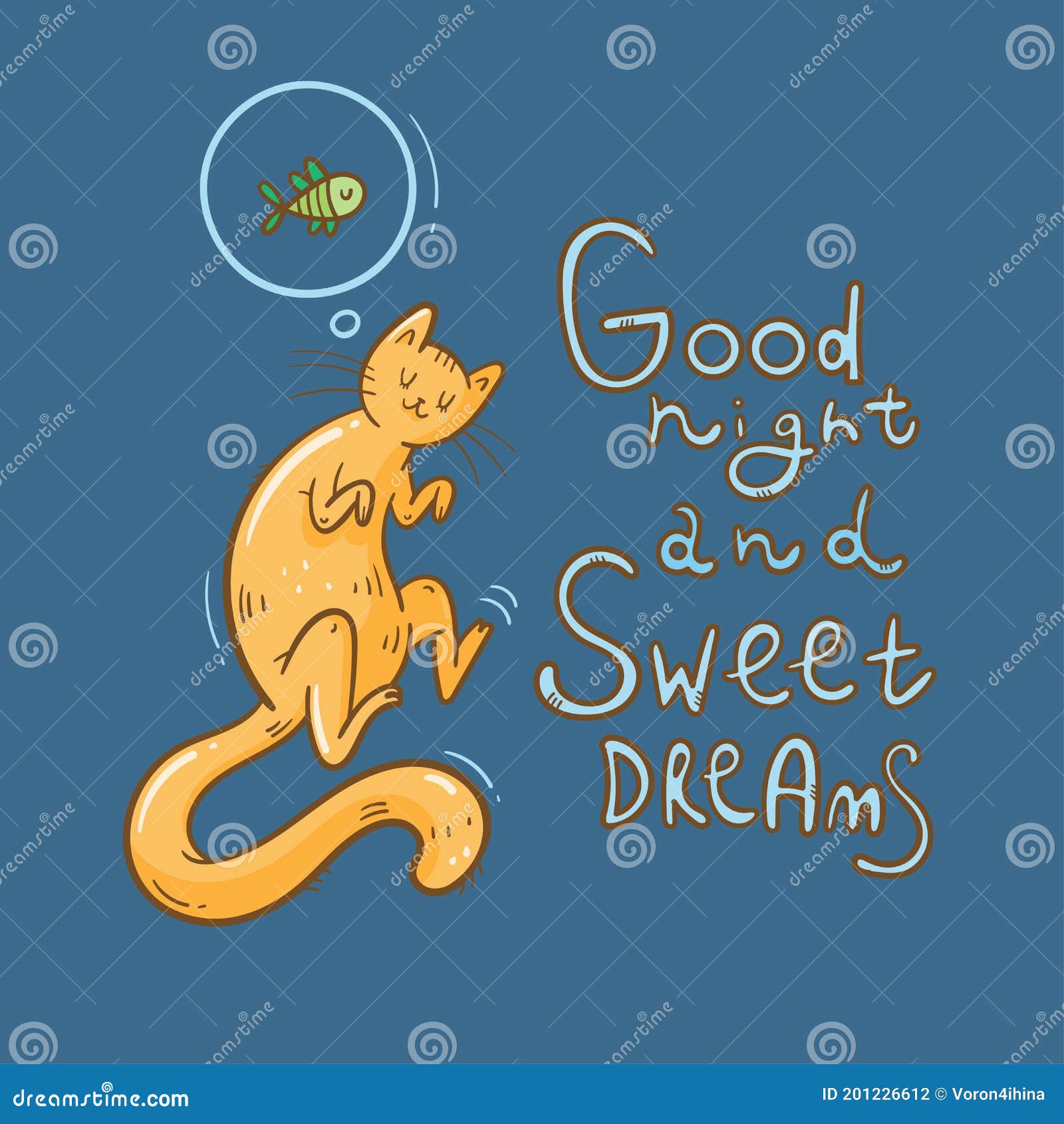 Card with Cute Cartoon Sleeping Cat. Dream about Fish. Good Night ...