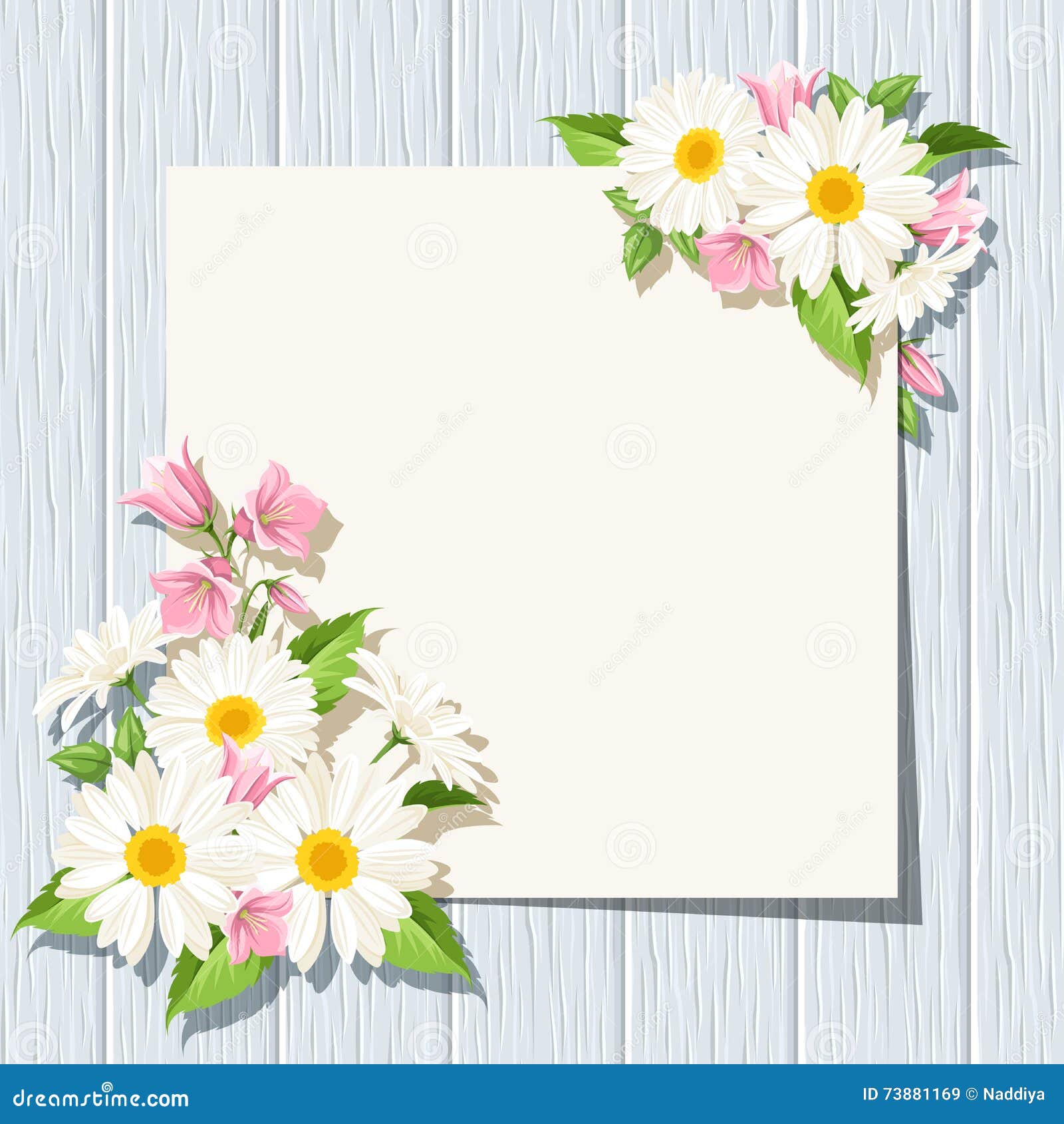 card with daisies and bluebells flowers on a blue wooden background.  eps-10.