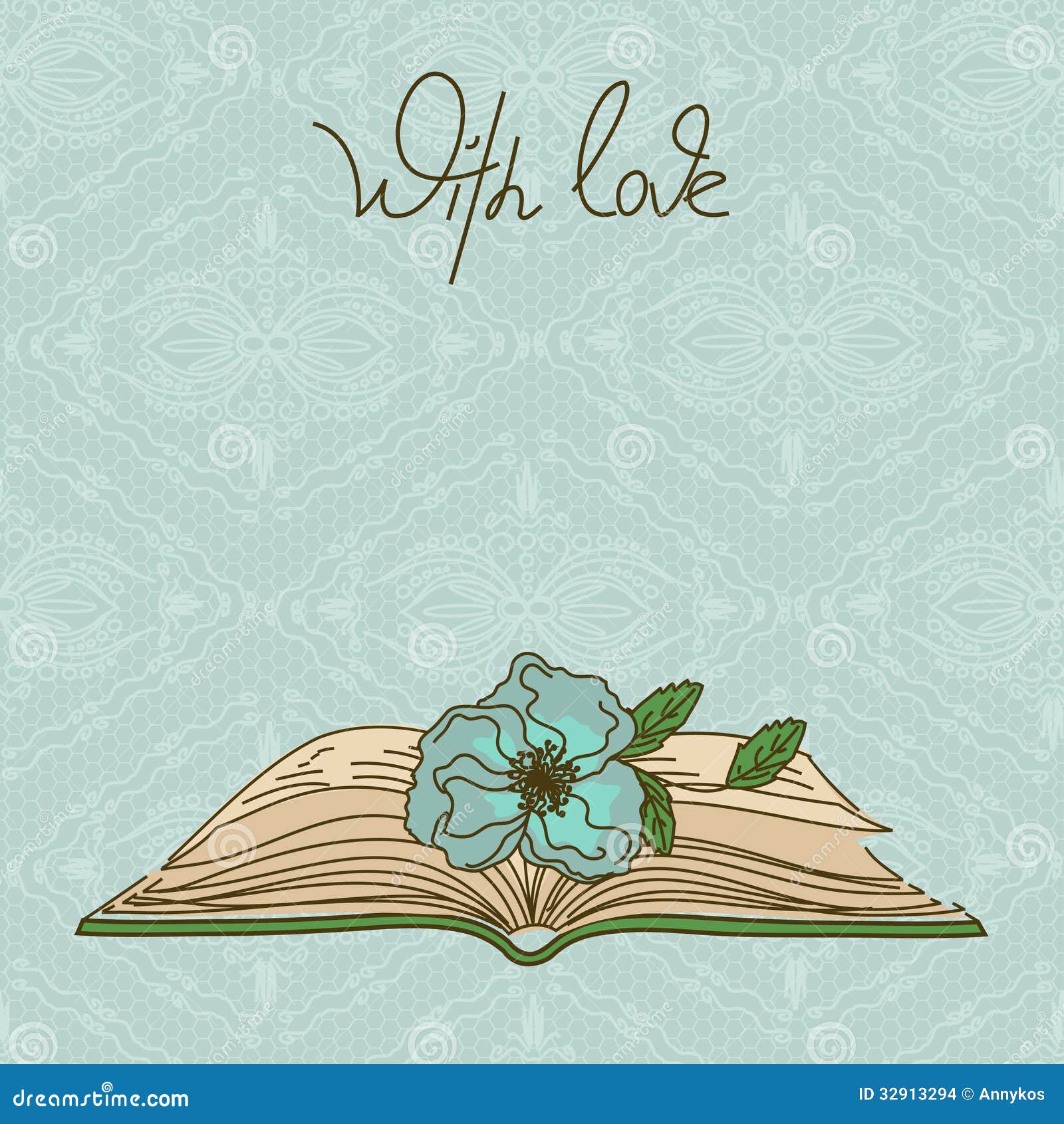 Card or invitation with book and flower on a lacy background