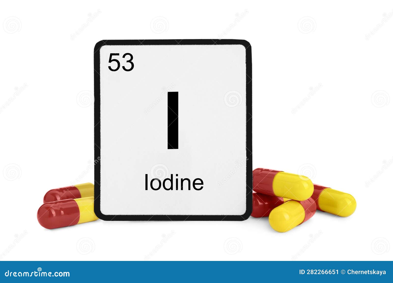 Card with Iodine Element and Pills Isolated on White Stock Image