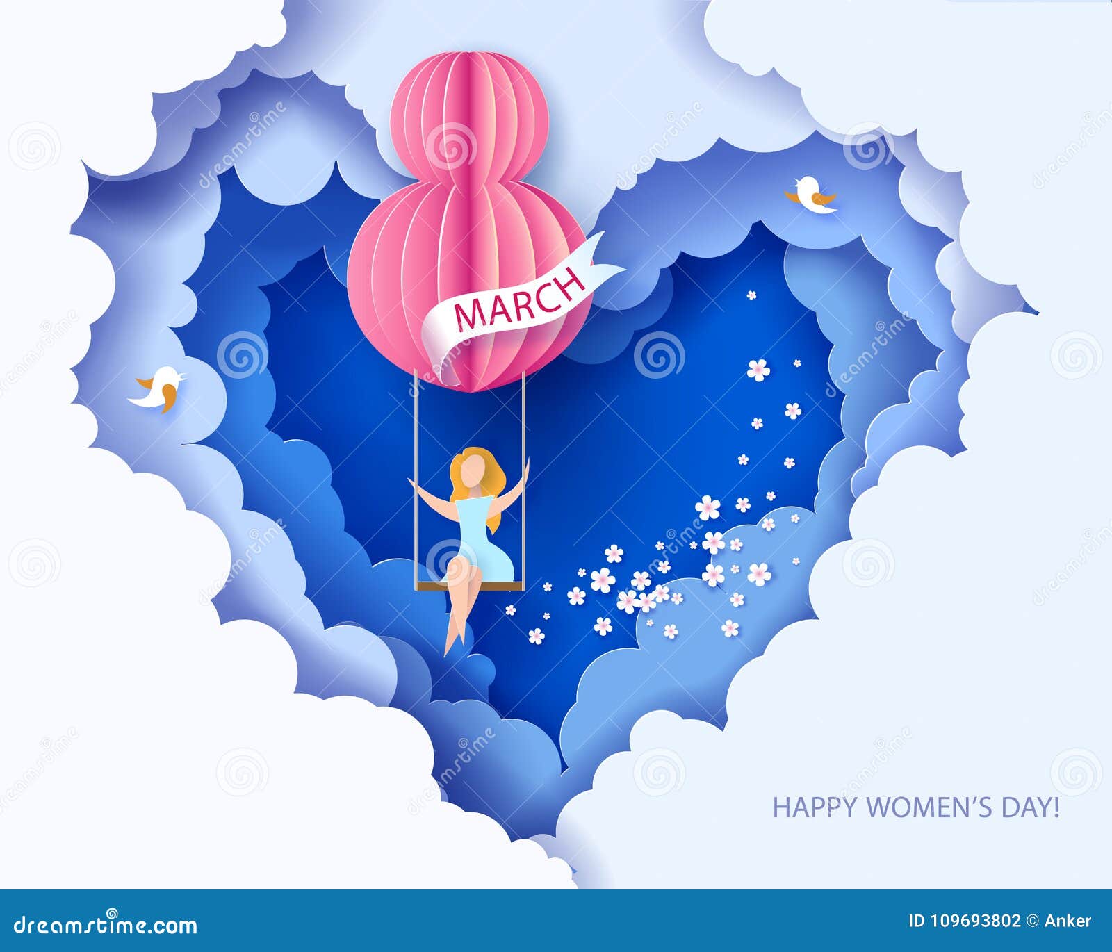 card for 8 march womens day. woman on teeterboard