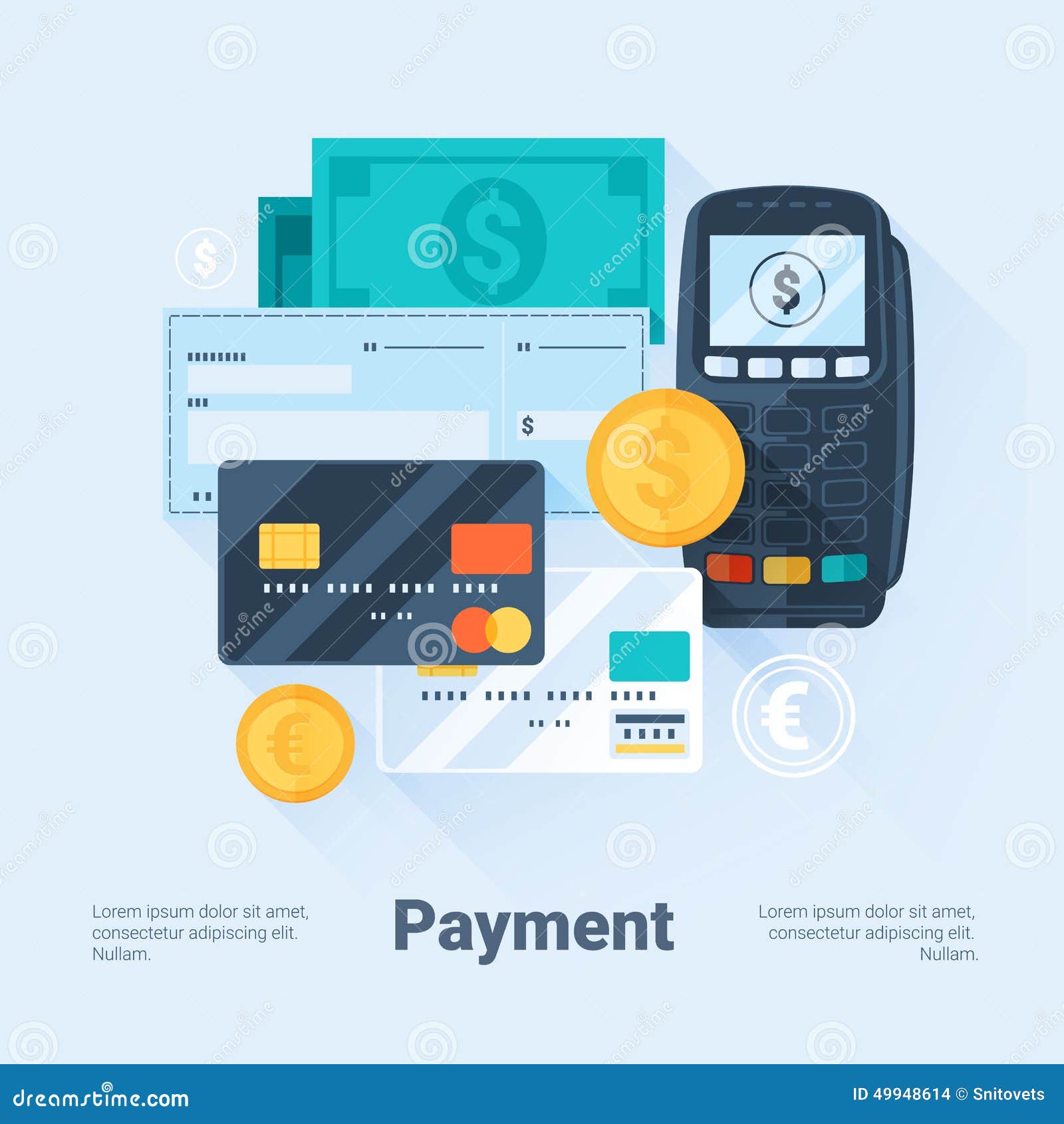 card, money, coins and cheque. payment methods concept. flat style with long shadows. clean .