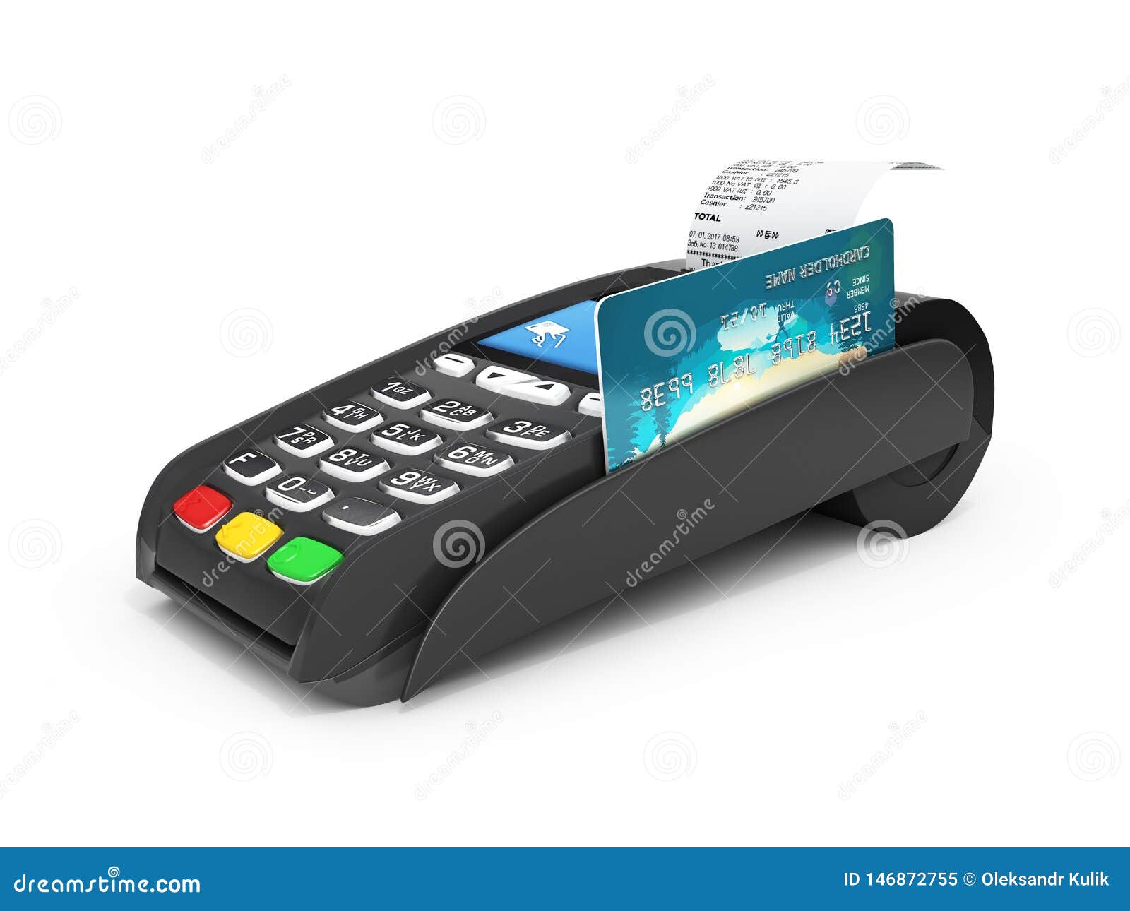 card payment terminal pos terminal with receip and credit card  on white background 3d render
