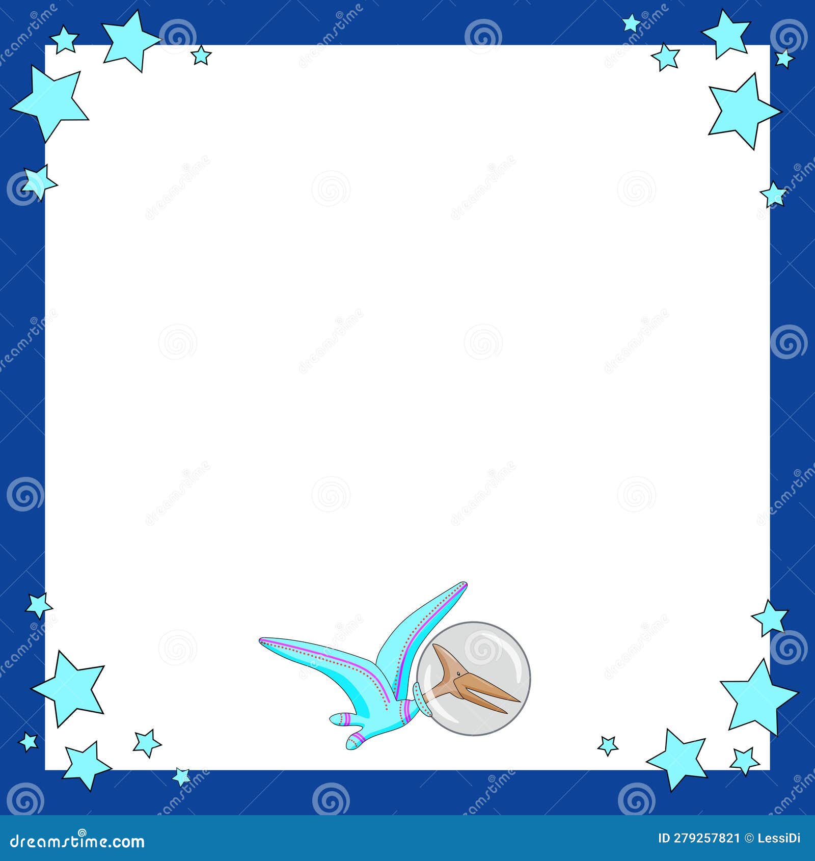 card with pterodactylus in space suit and stars on white background with blue frame