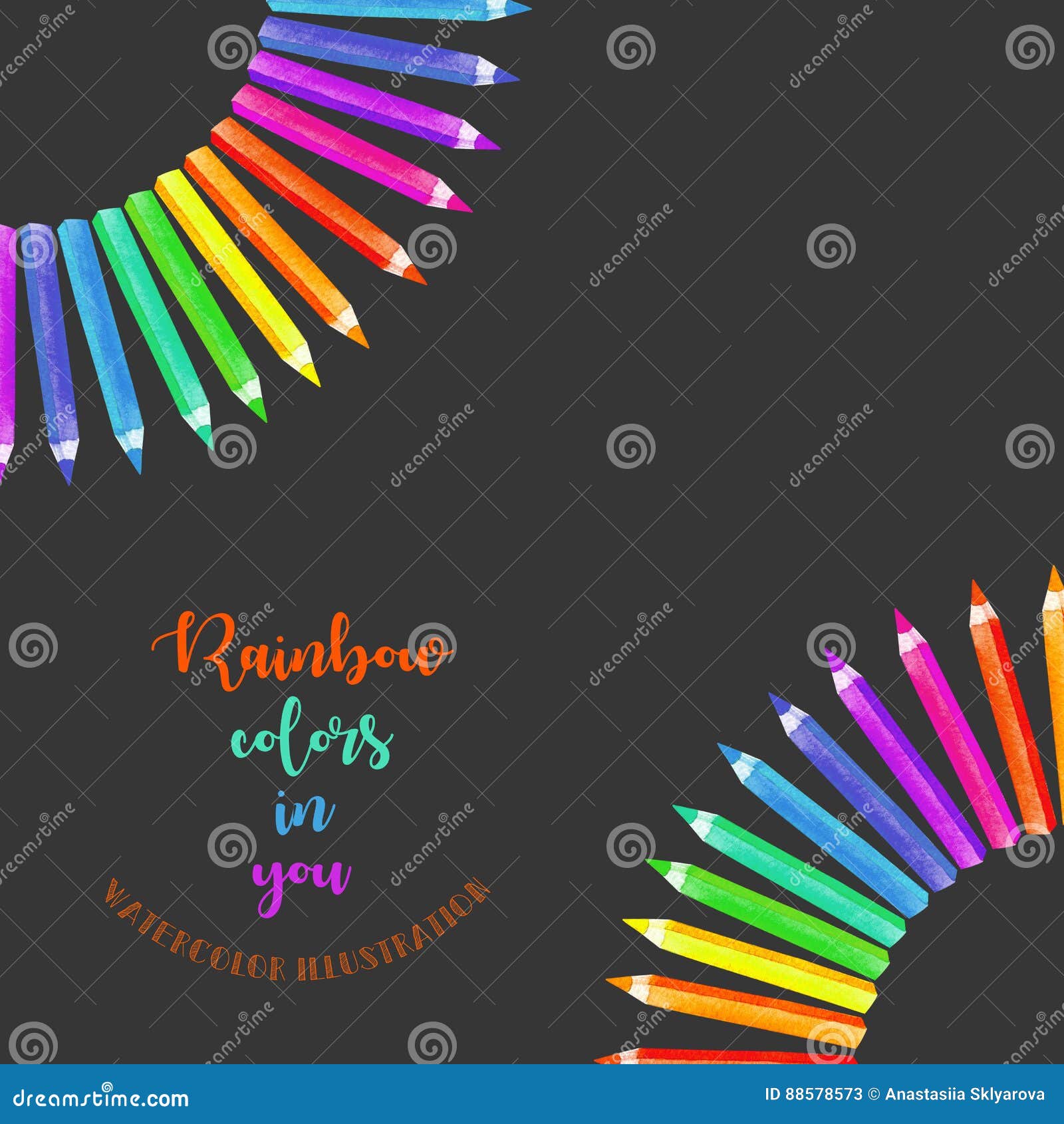 Card Template Frame Border With Watercolor Colour Pencils Hand Painted Isolated On A Dark Background