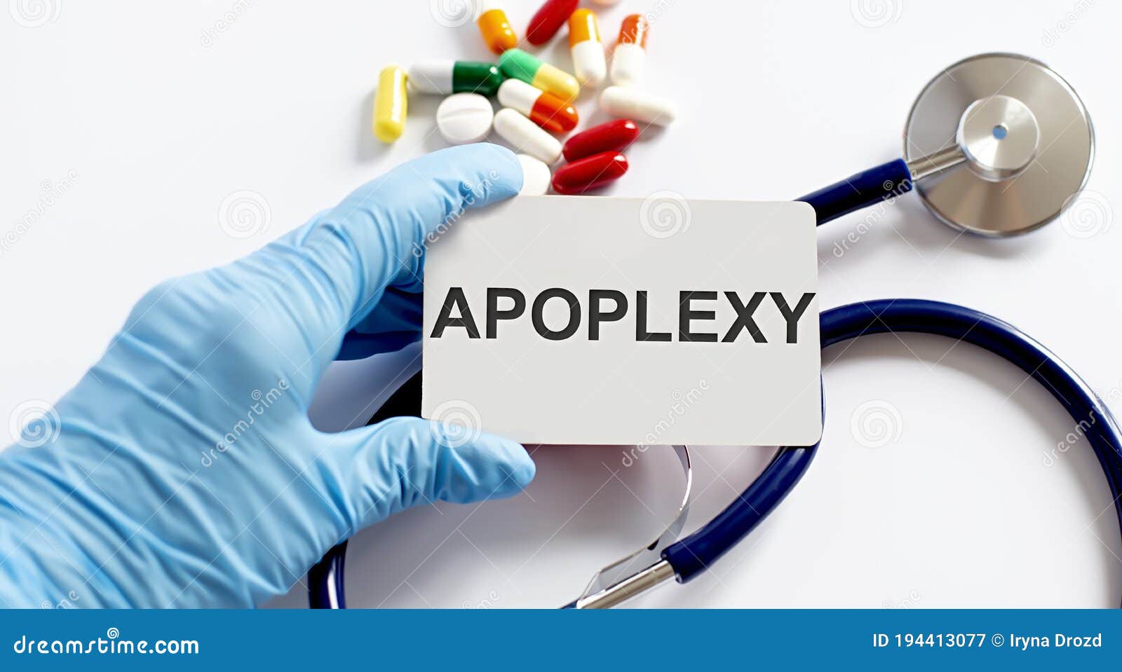 card with text apoplexy supplies, pills and stethoscope. medical concept