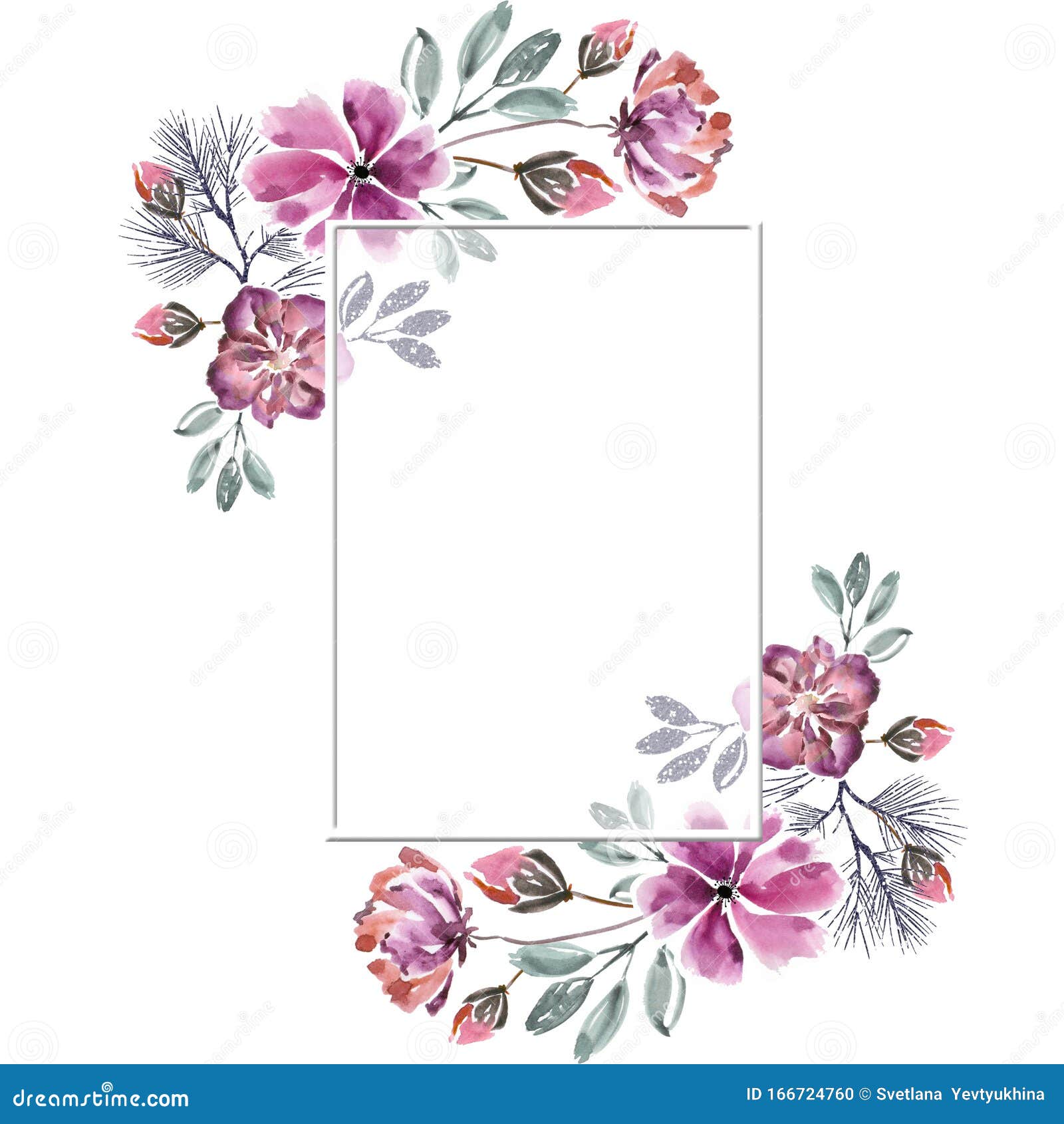 Card, Watercolor, Invitation Frame Design with Leaves and Flowers,  Background with Floral Elements. Template. Frame Stock Illustration -  Illustration of botanical, cute: 166724760