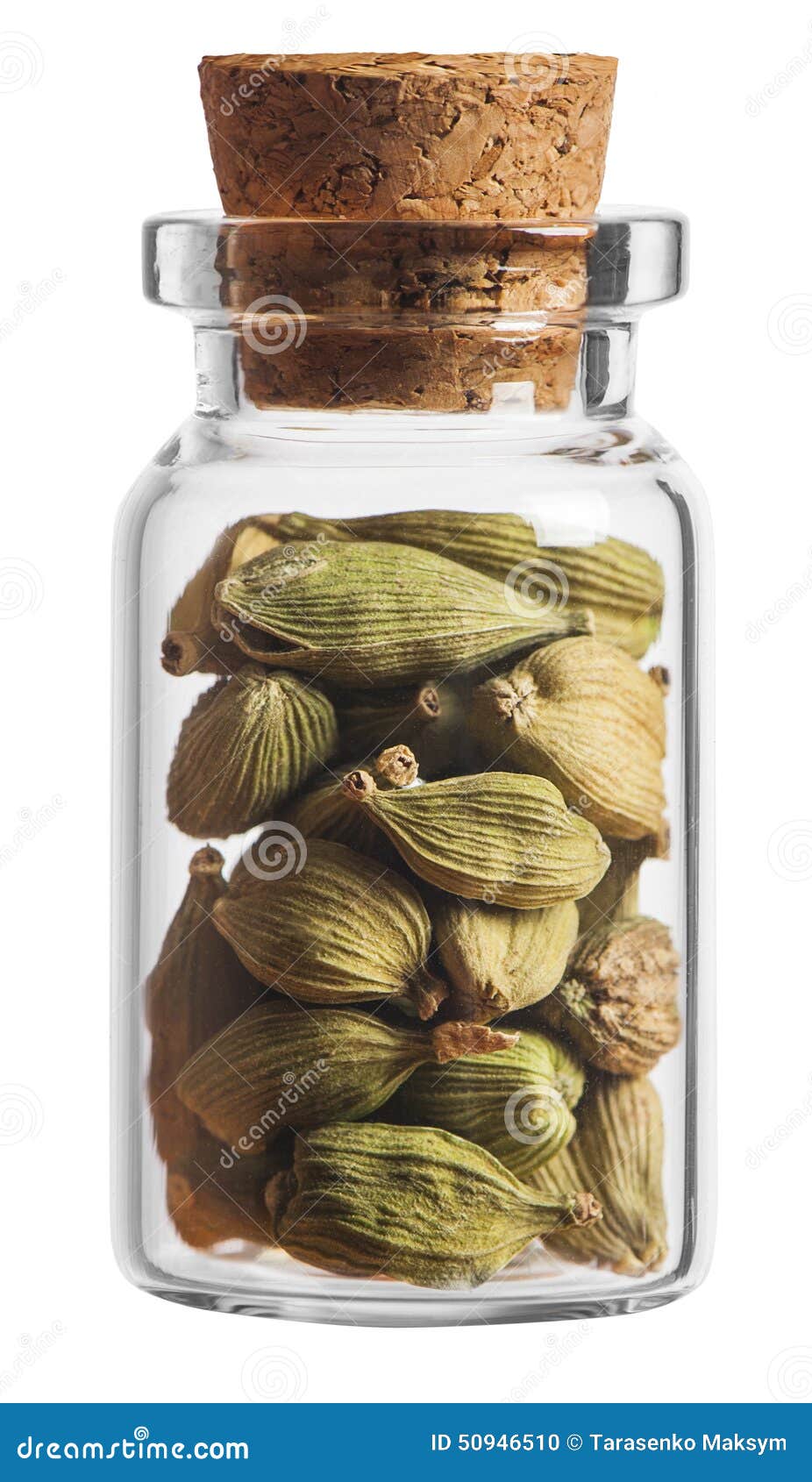 Cardamon Spice In A Little Bottle Isolated On White Stock Photo Image