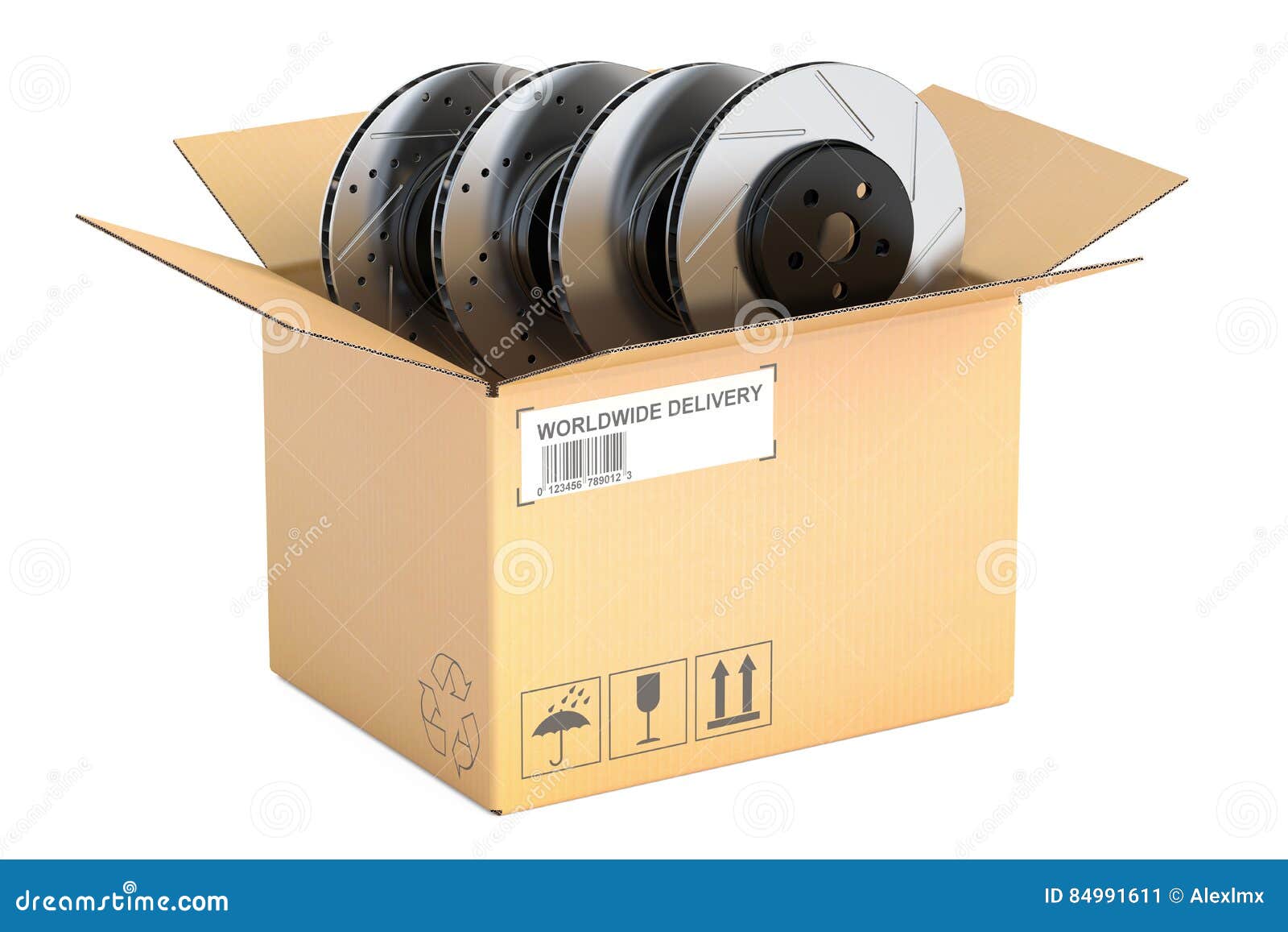cardboard box with car disc brake rotors, 3d rendering