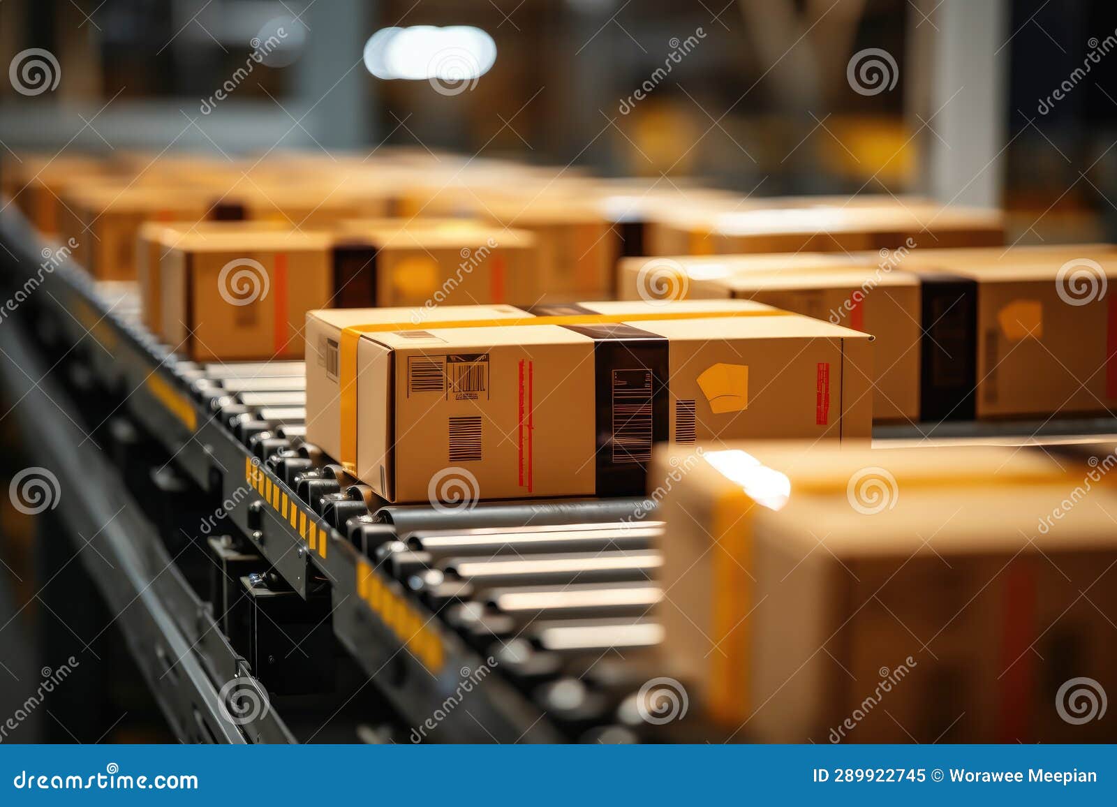 Cardboard Box Packages Moving Along a Conveyor Belt in a Warehouse
