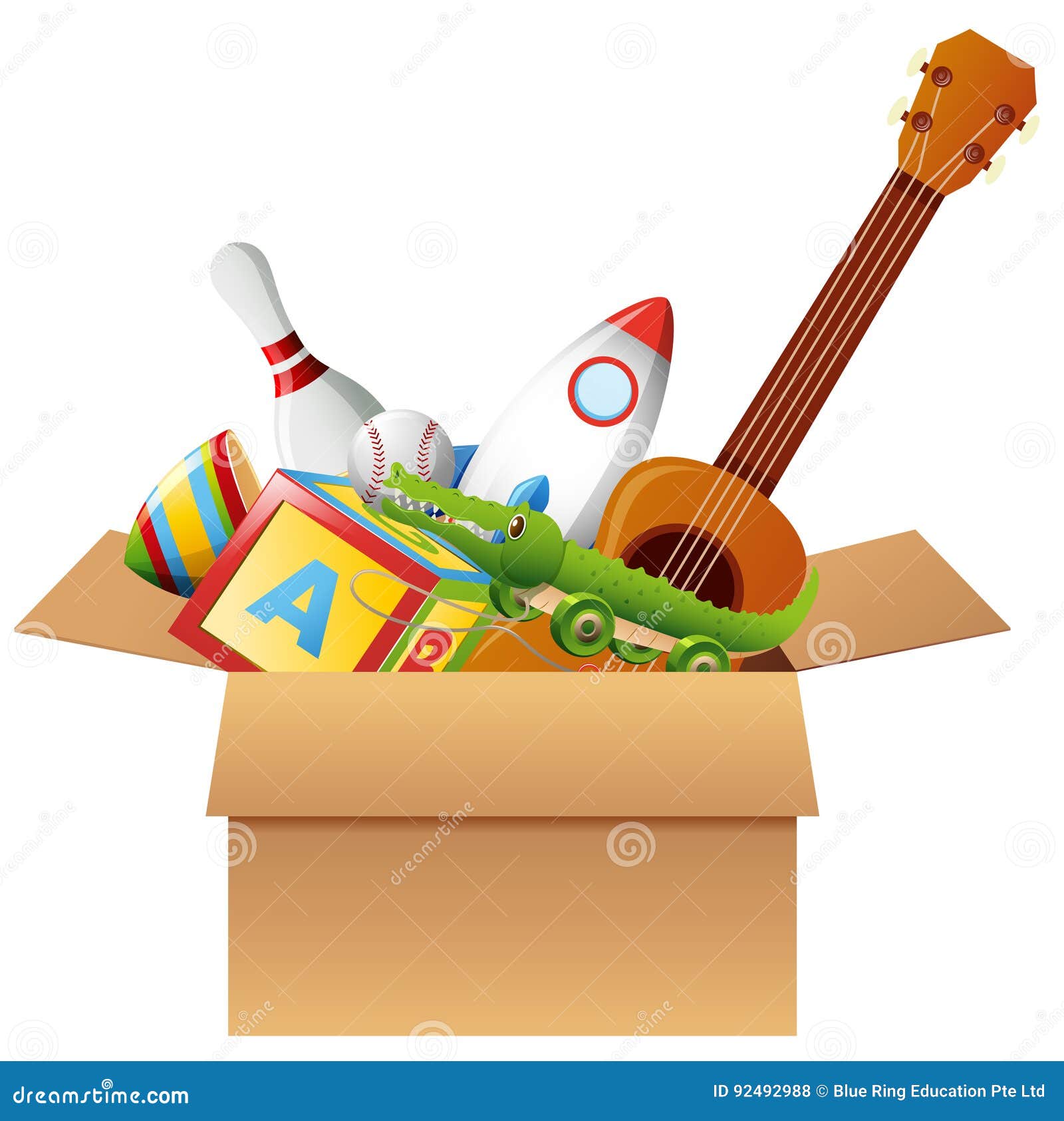 Cardboard Box with Toys and Musical Instruments Stock Vector