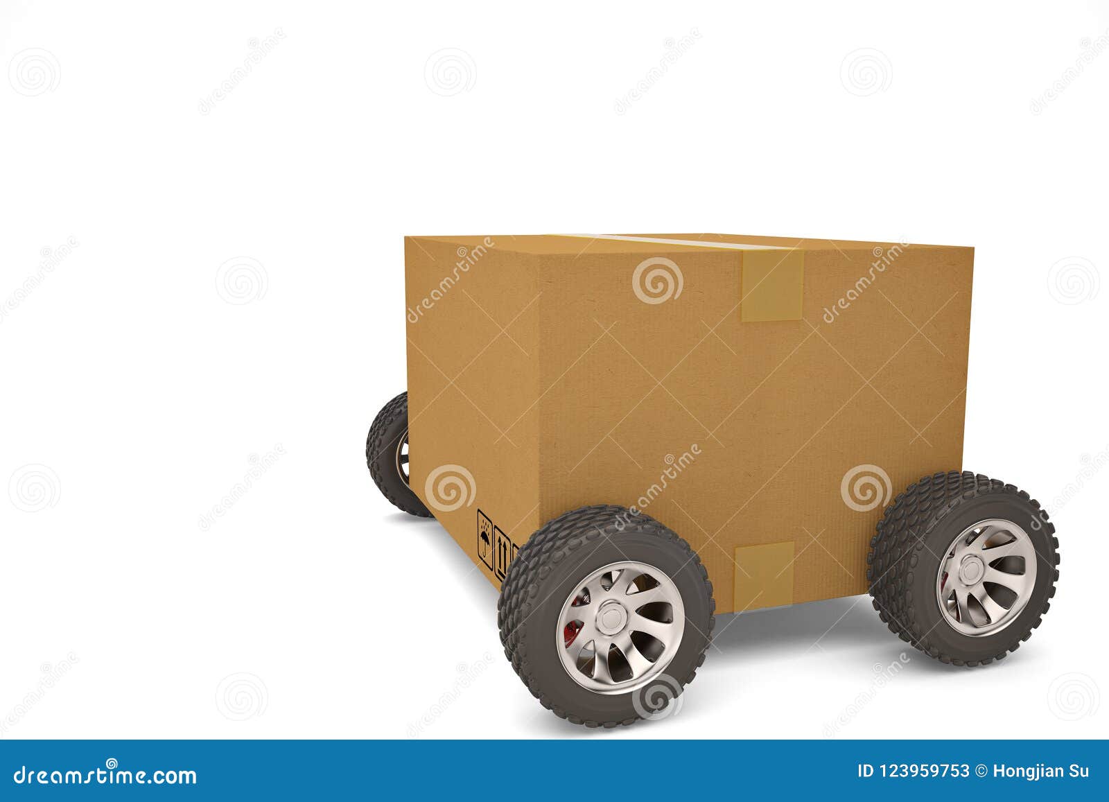 Cardboard Box with Wheels Shipping Concept.3D Illustration Stock