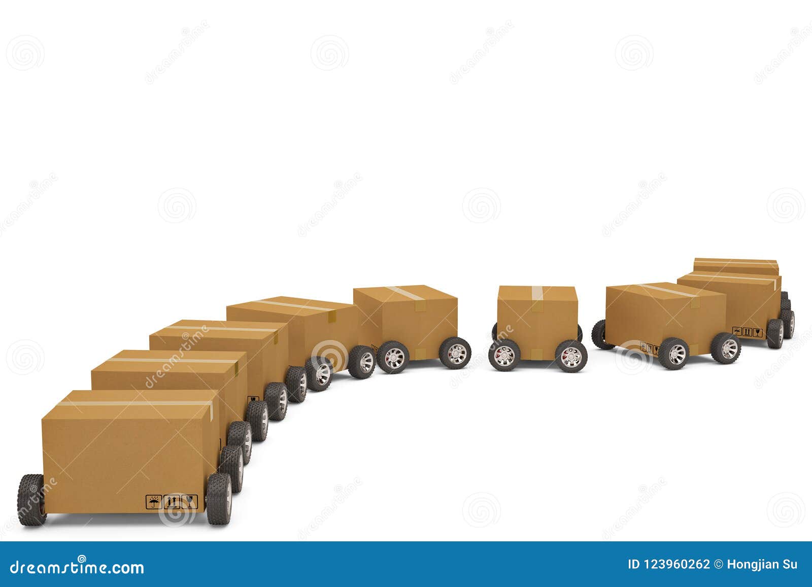 Cardboard Box with Wheels Shipping Concept 3d Illustration. Stock