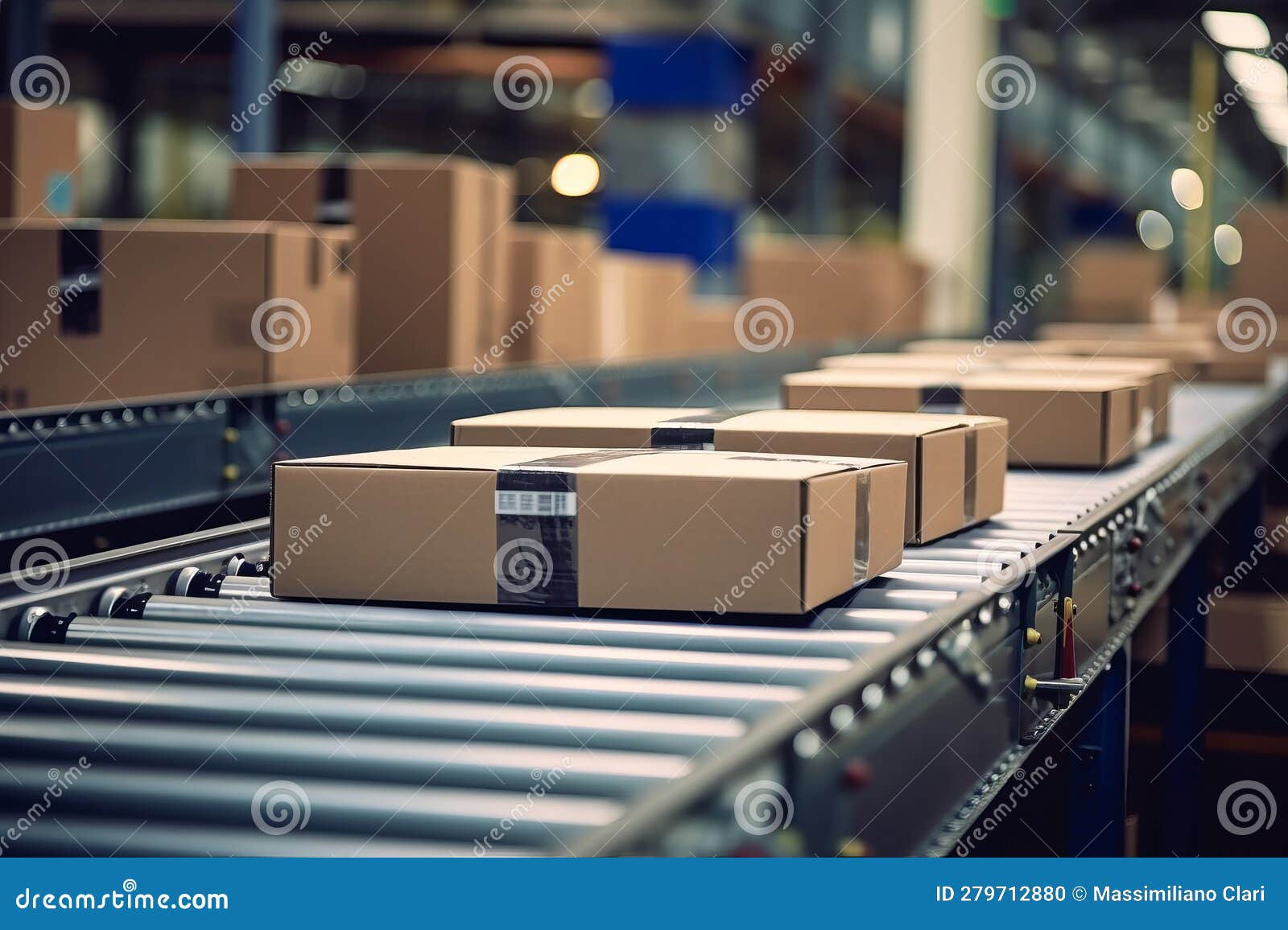 cardboard boxes on automated conveyor rollers ready to be shipped by courier for distribution. concept logistic systems and
