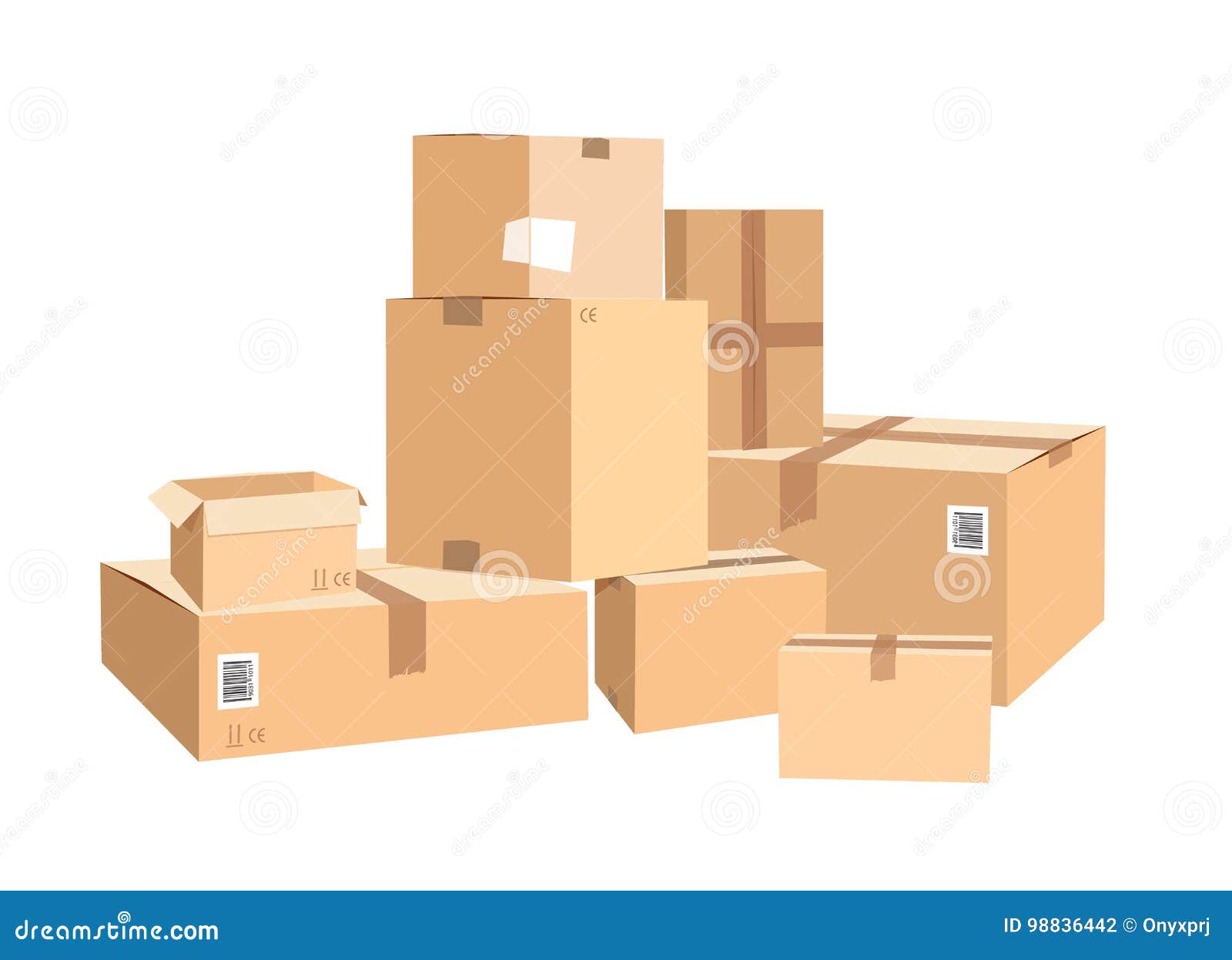 Cardboard Boxes in Different Sizes. Packages Isolated on White Stock