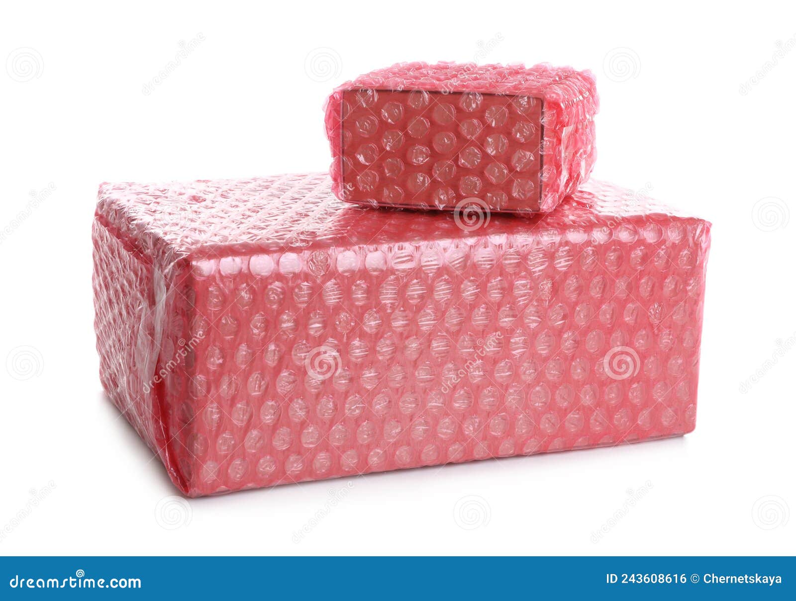 Cardboard Boxes Packed in Red Bubble Wrap on White Background Stock