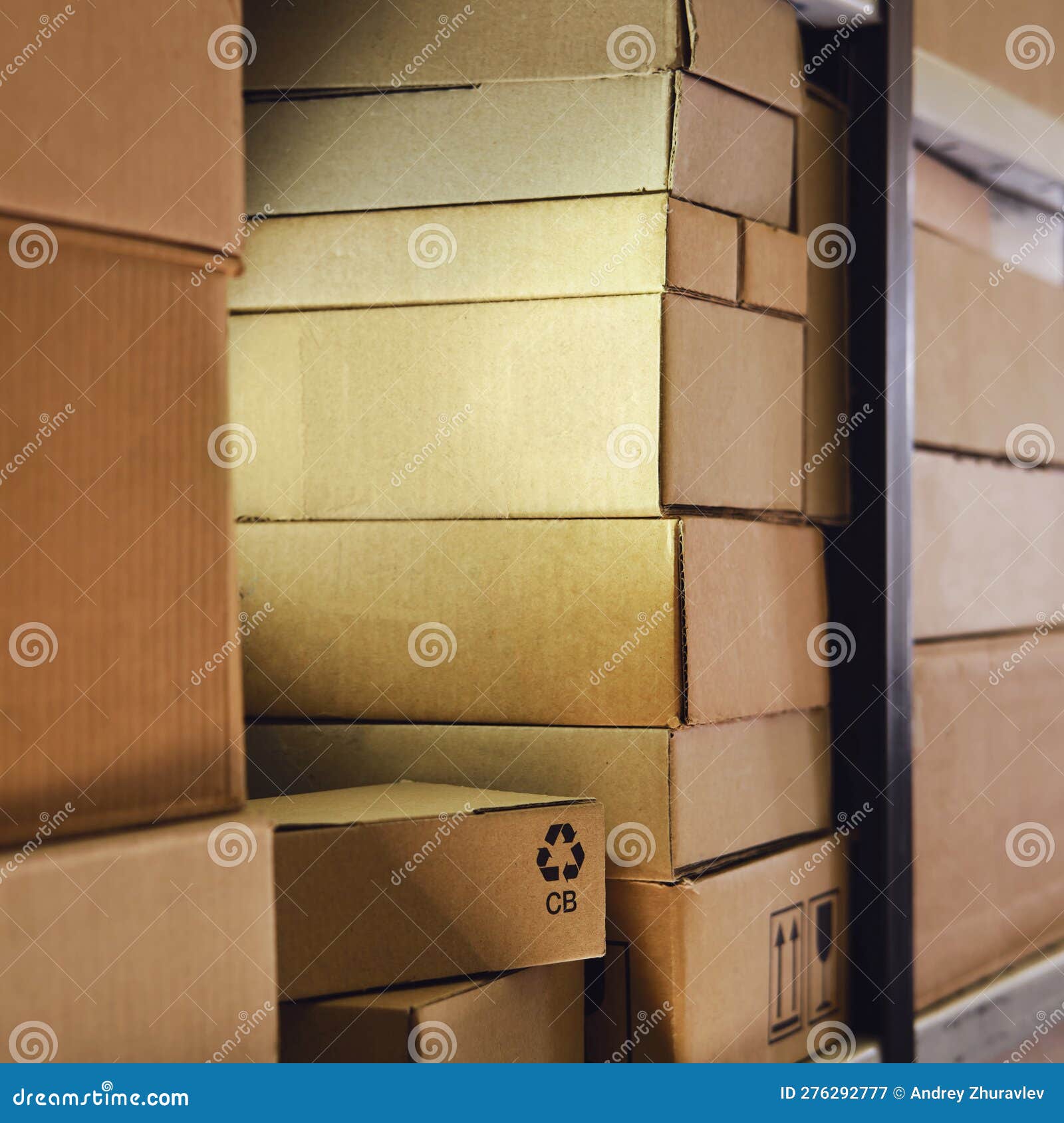 Cardboard Boxes on the Shelves of Warehouse Shelves, Closeup Stock
