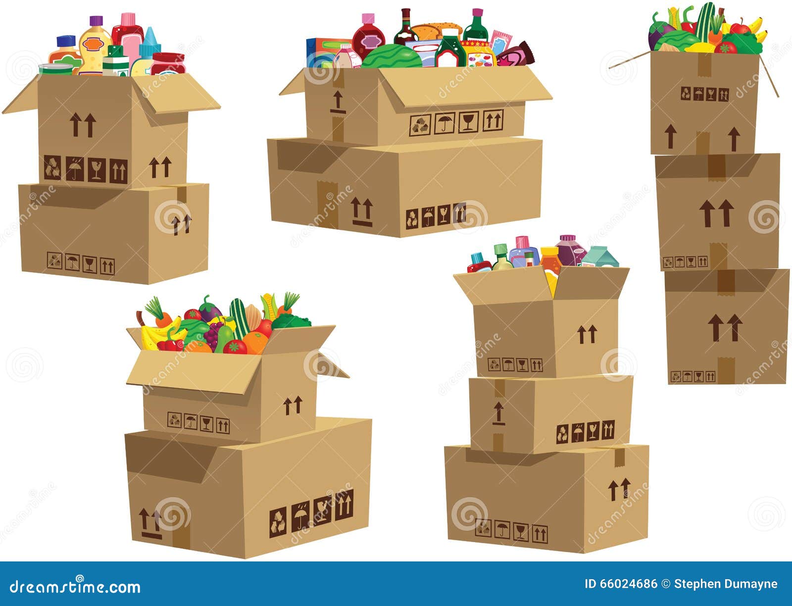 cardboard boxes stacked with goods