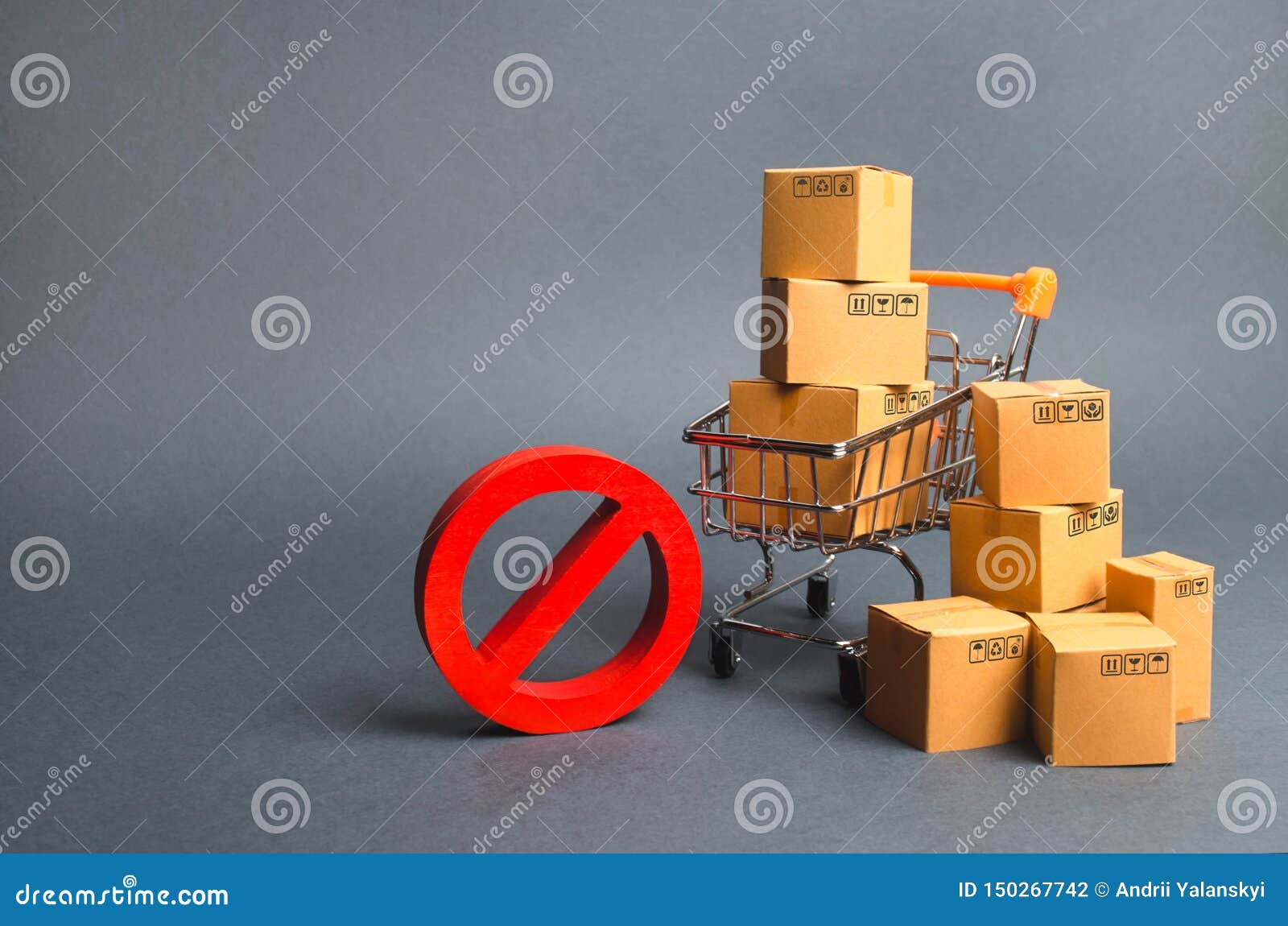 cardboard boxes, supermarket trolley and red  no. embargo, trade wars. restriction on the importation of goods, proprietary