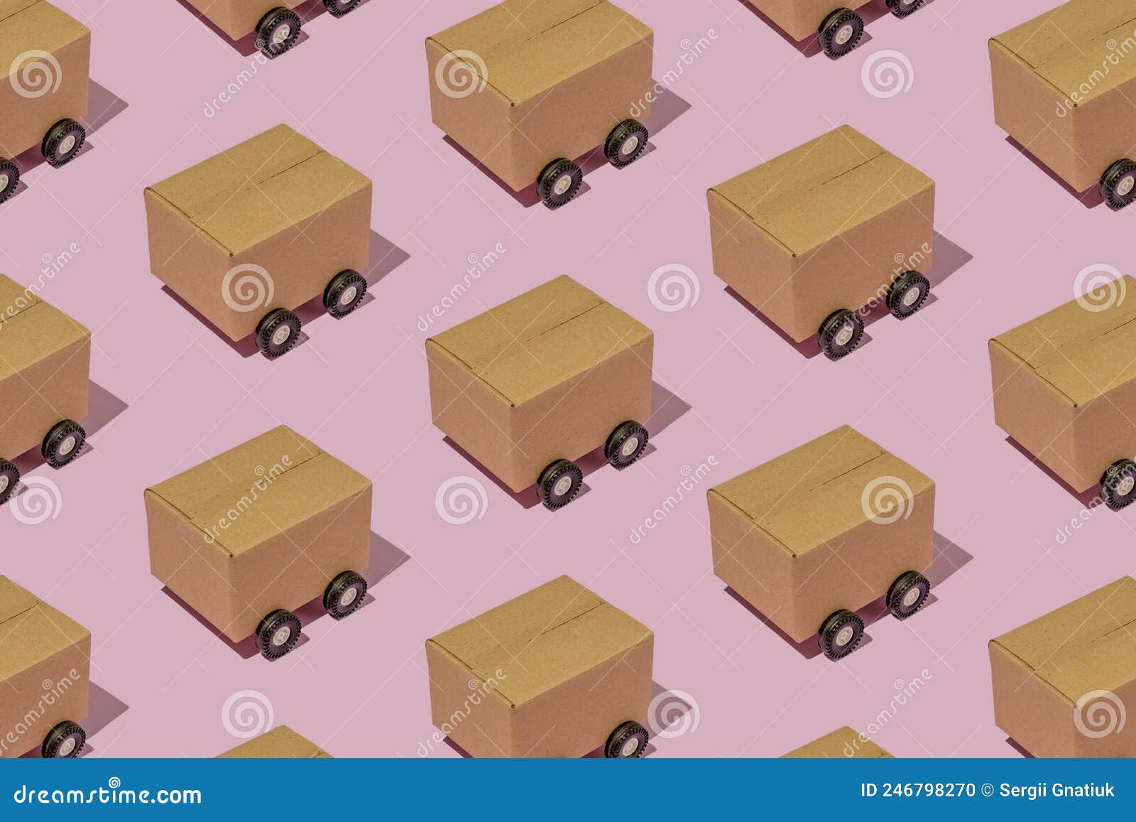 Cardboard Boxes on Wheels Like Trucks Carry Parcels Stock Photo Image