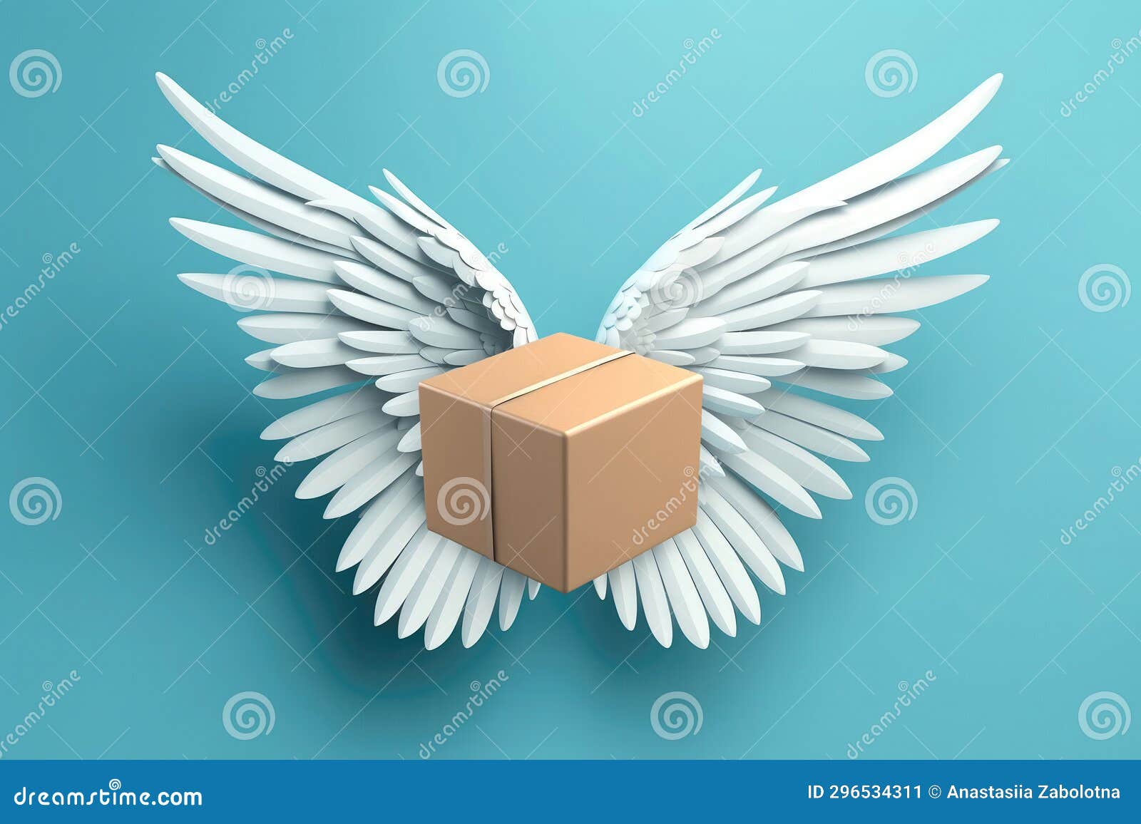 Cardboard Delivery Box with Angel Wings on Blue Background Stock