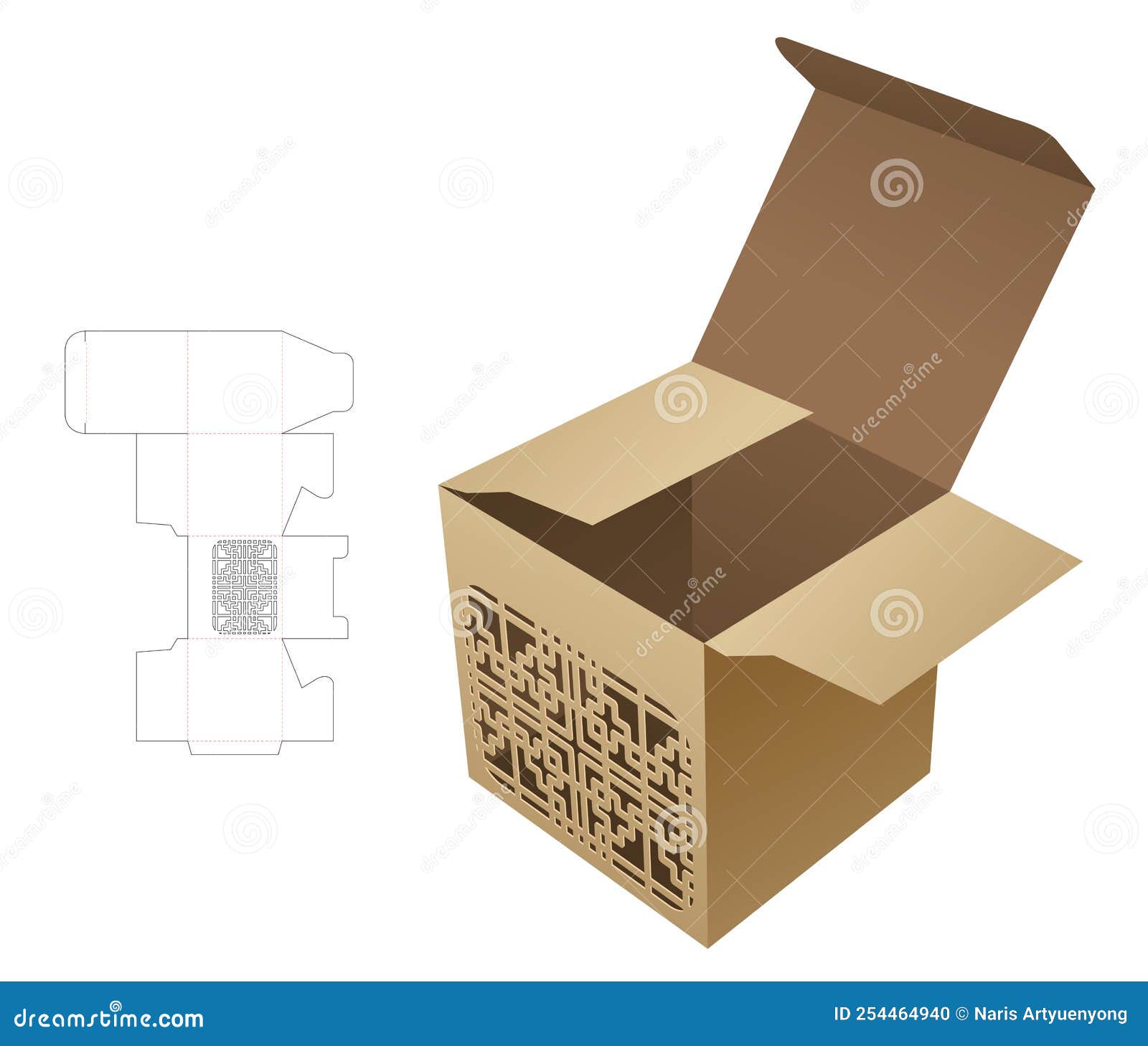 Cardboard Mini Box with Stenciled Pattern Die Cut Template and 3D Cardboard Mini Box with Stenciled Pattern Die Cut Template and 3D