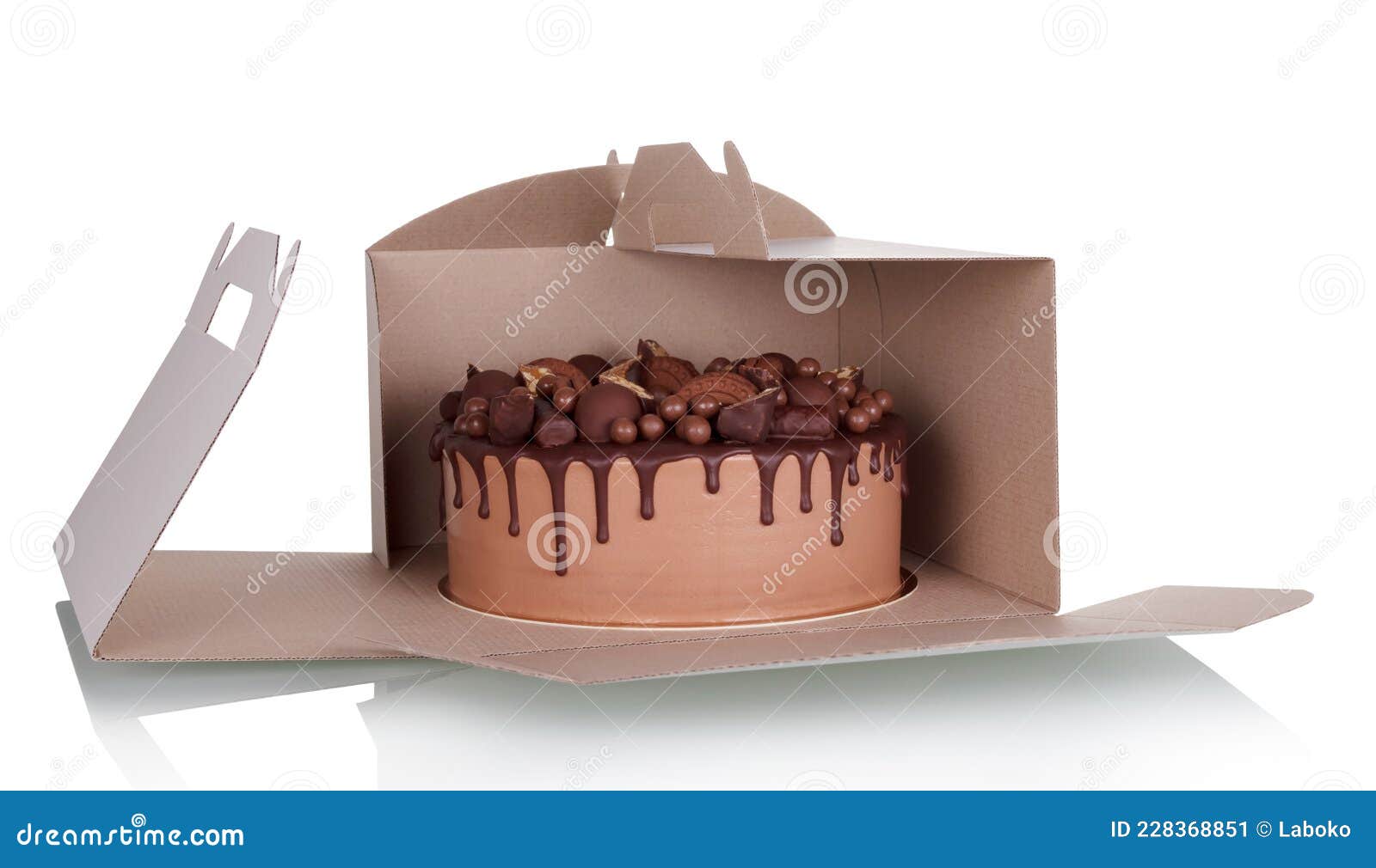 Cardboard Takeaway Cake Box with Chocolate Cake Inside Isolated on