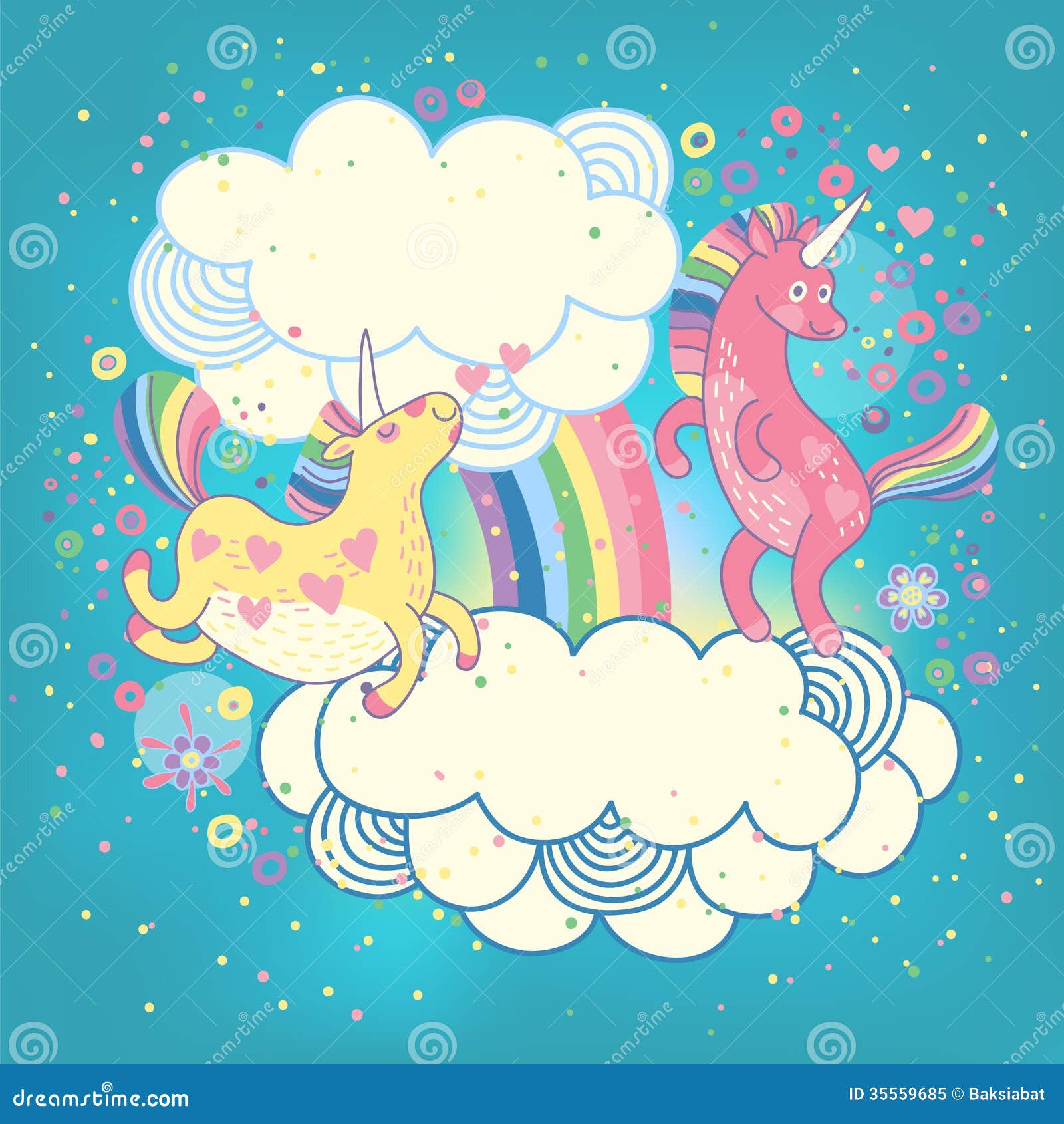 Cardi con un arcobaleno sveglio degli unicorni nelle nuvole Fotografia Stock Libera da Diritti