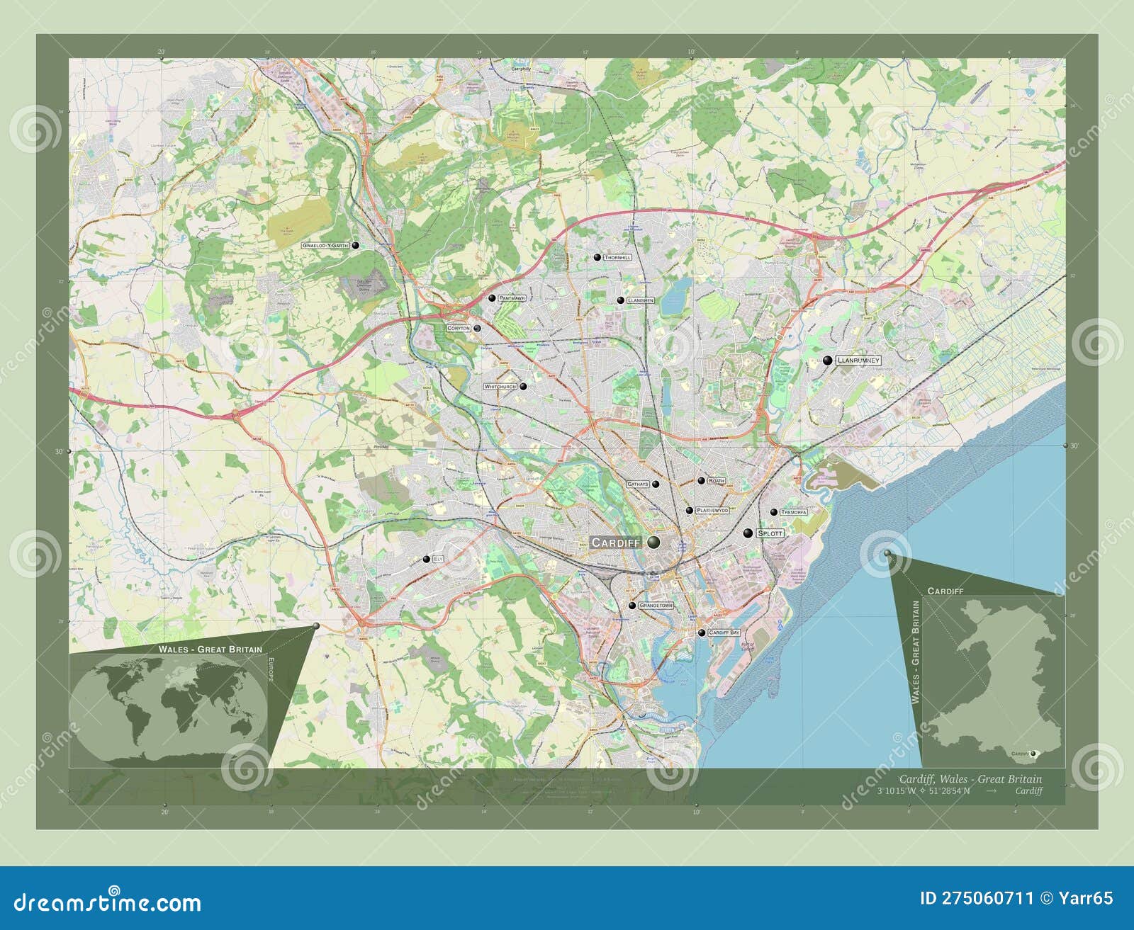 Cardiff, Wales Great Britain. OSM. Labelled Points of Cities Stock Illustration Illustration