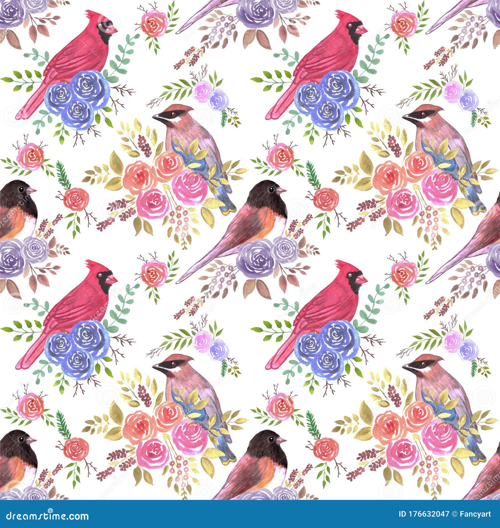 cardinals juncos and waxwings on rose blossoms- seamless birds watercolor background