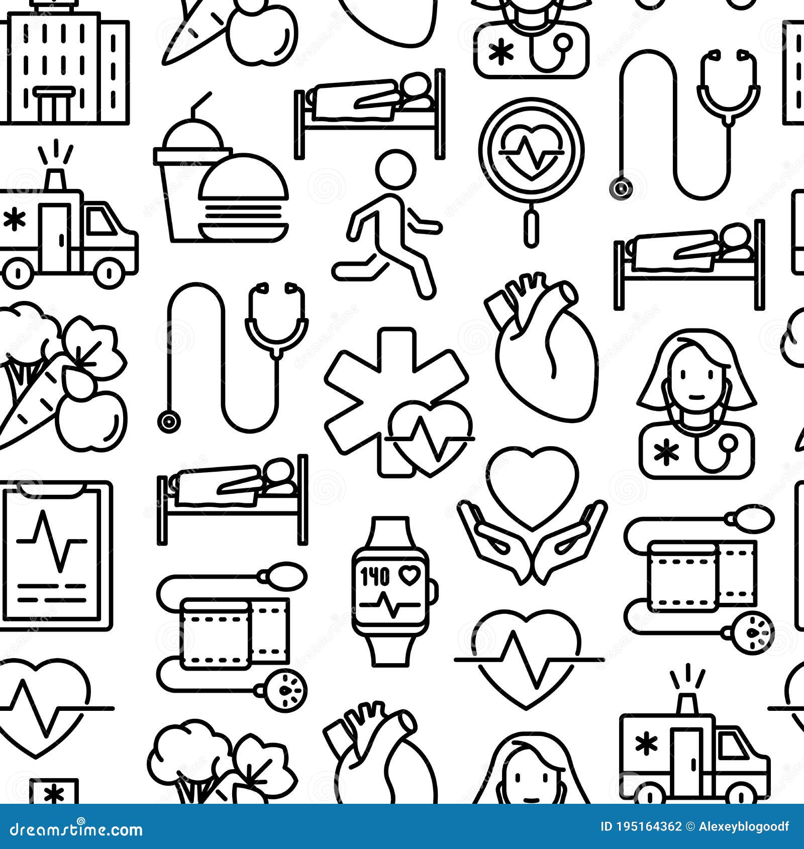 cardiology seamless pattern with thin line icons: cardiologist, stethoscope, hospital, pulsometer, cardiogram, heartbeat. modern