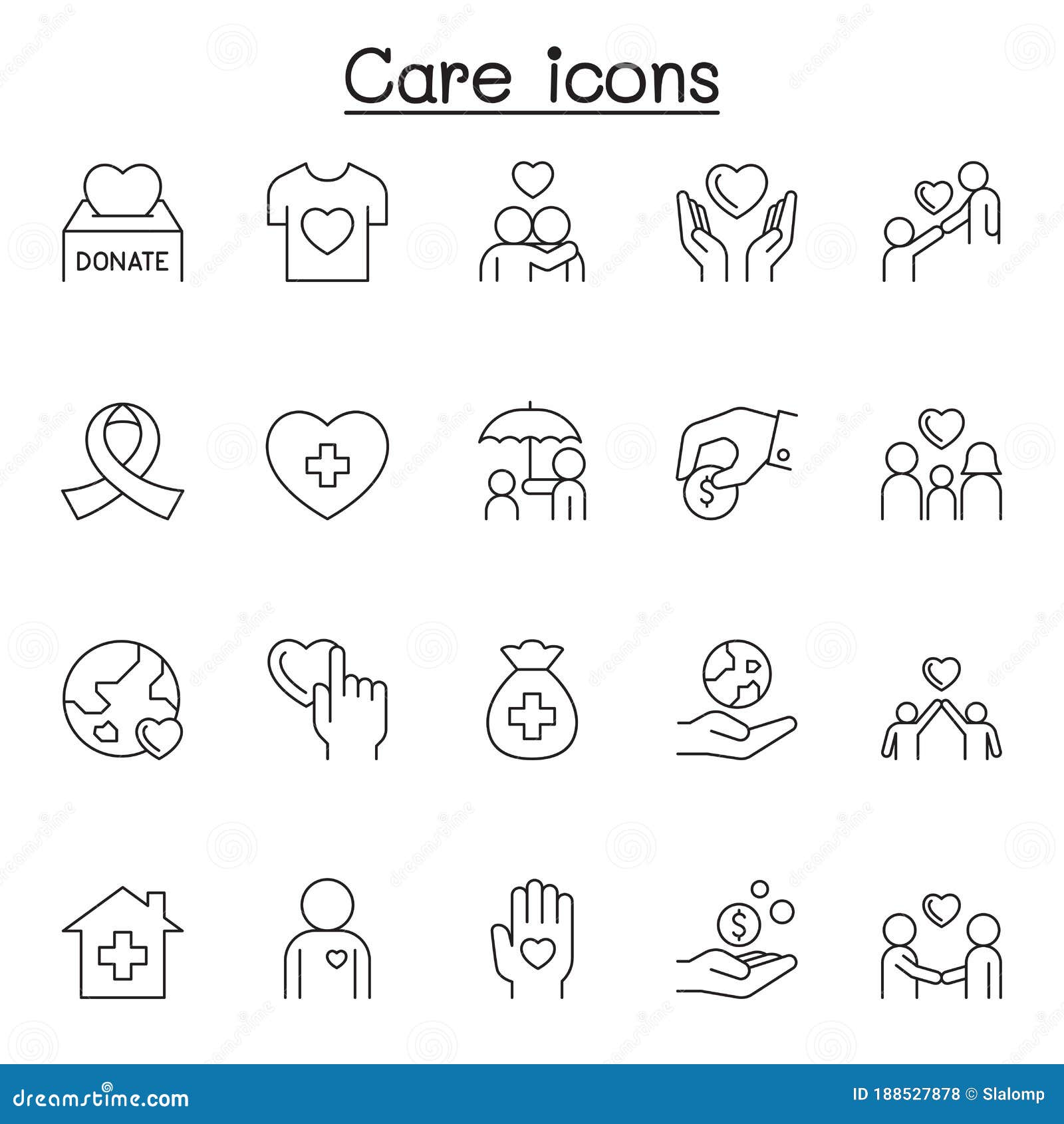 Care Icons Set in Thin Line Style Stock Vector Illustration of hand, friend 188527878