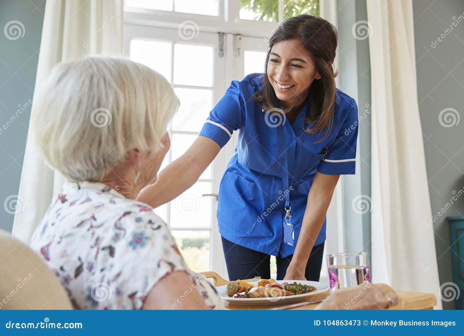 Care Nurse Serving Dinner To a Senior Woman at Home Stock Image Image