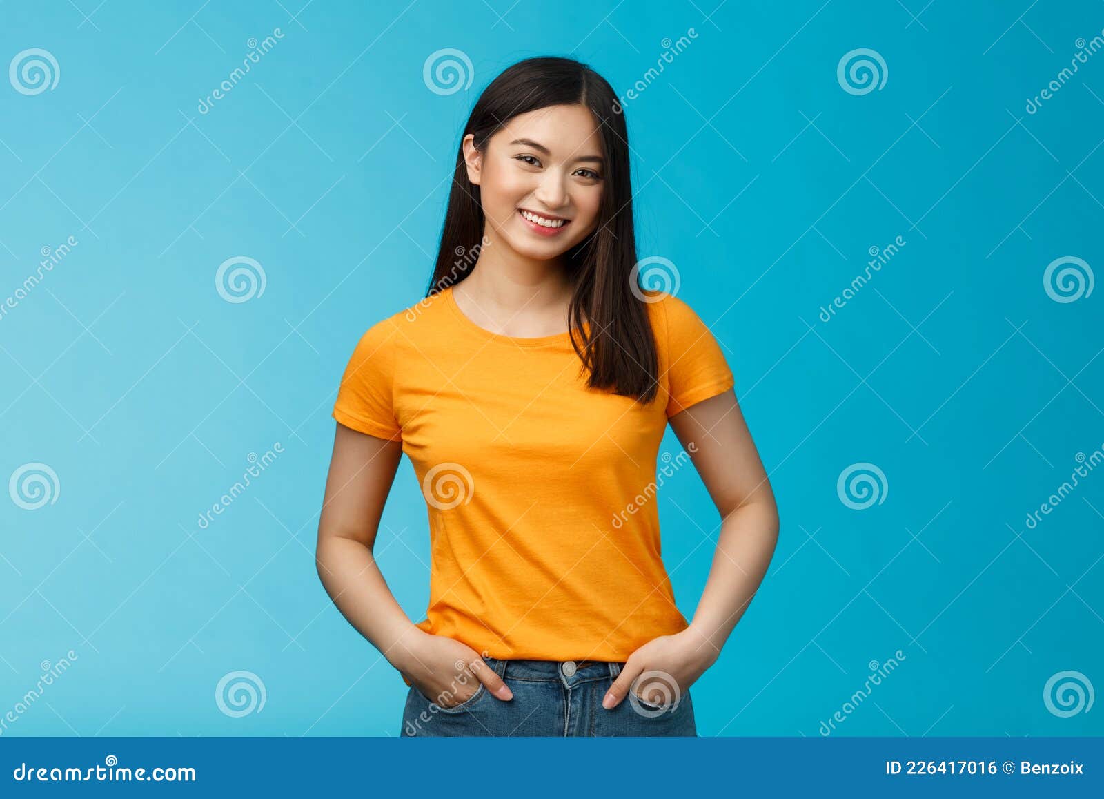 Carefree Friendly Asian Girl With Short Dark Hair Tilt Head Lovely Smiling Camera Hold Hands