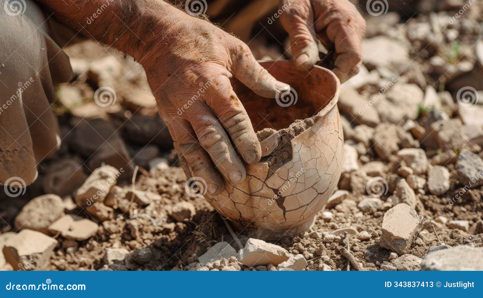 the careful hands of an archaeologist remove fragments of a broken vase from the ground piecing together the puzzle of