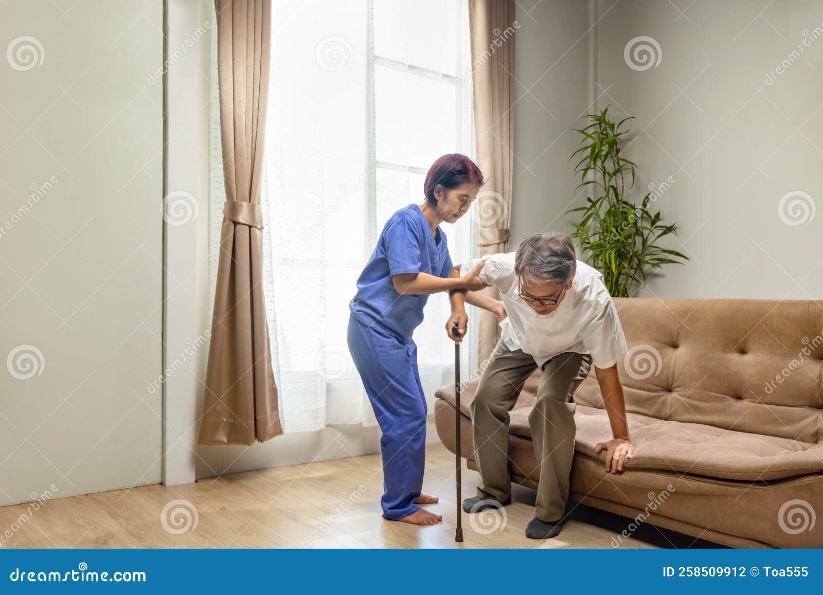 caregiver takecare older man that having sarcopenia or muscle loss. sarcopenia is a degenerative disease of the muscle usually