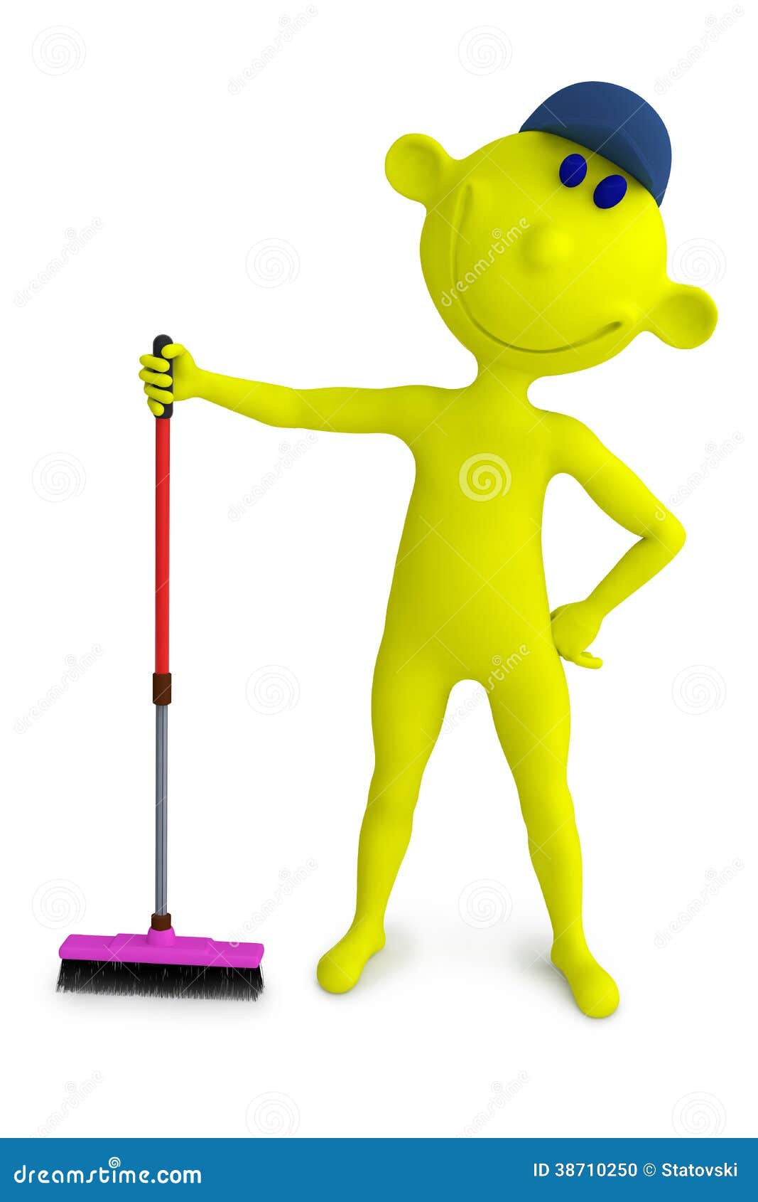 Caretaker. 3D illustration yellow boy with mop