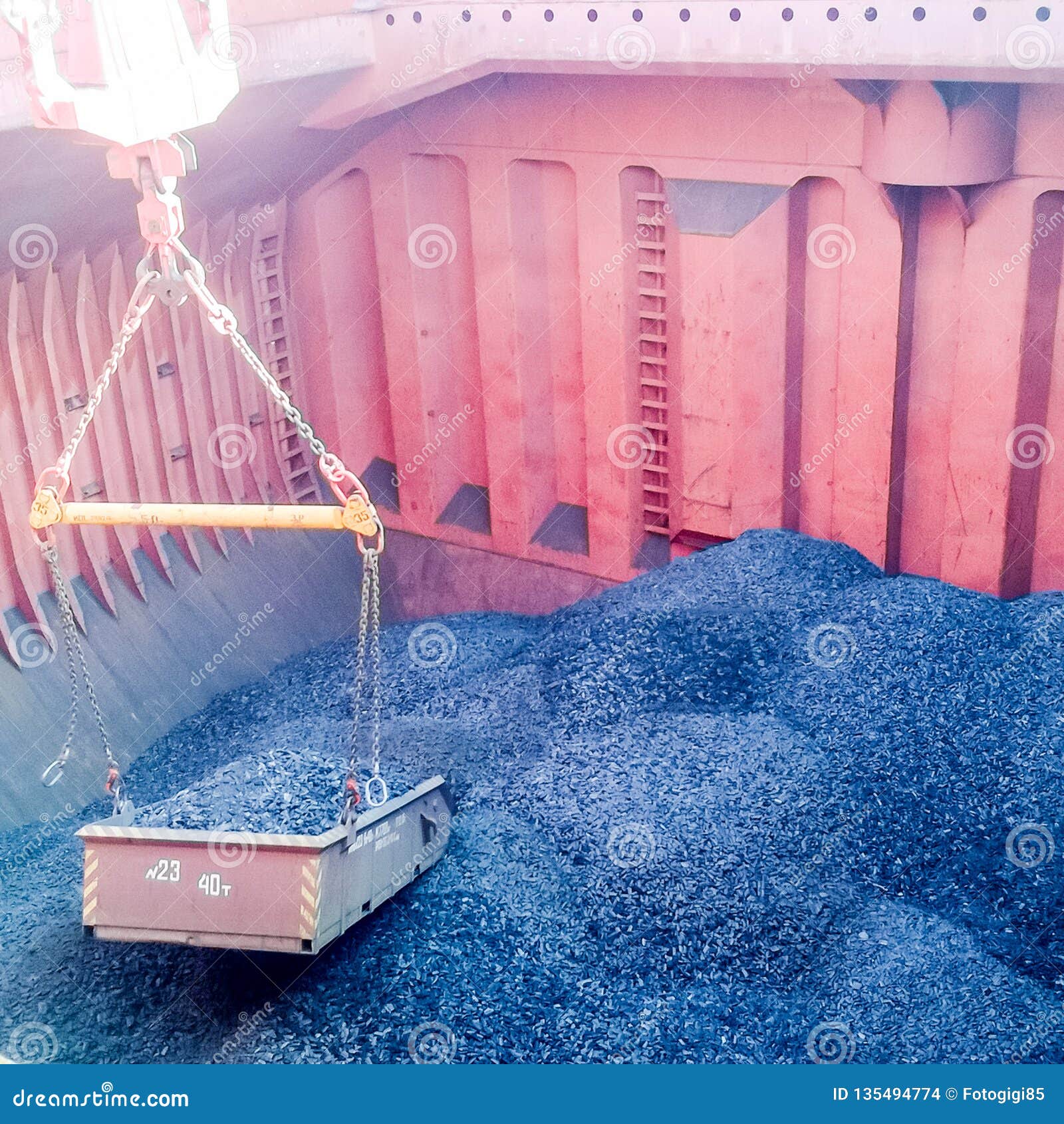 The Cargo Compartment of the Ship, Filled with Coal. Loading of Stock