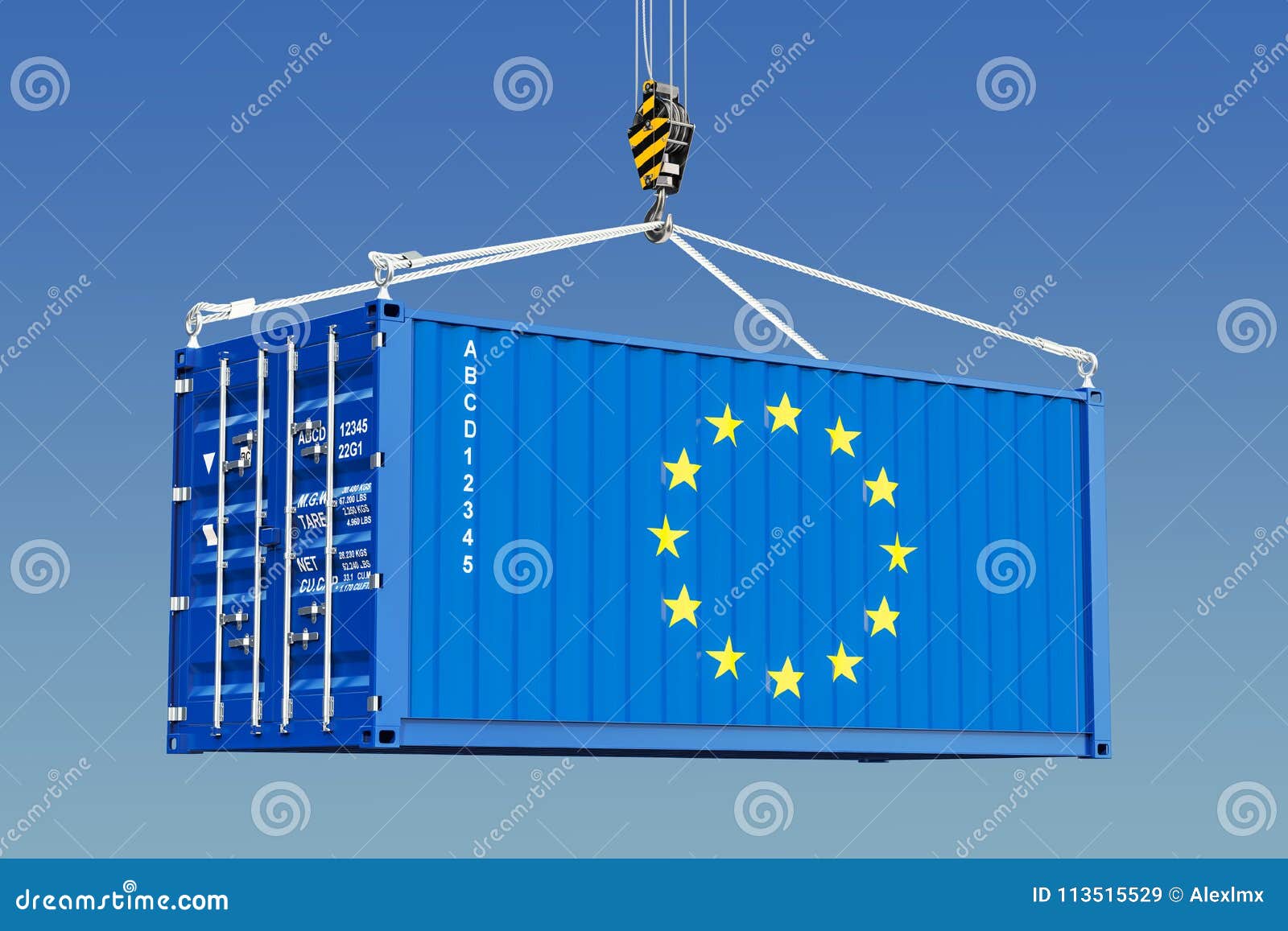Cargo Container With Eu Flag Hanging On The Crane Hook Against B Stock Illustration Illustration Of Receive Distribution