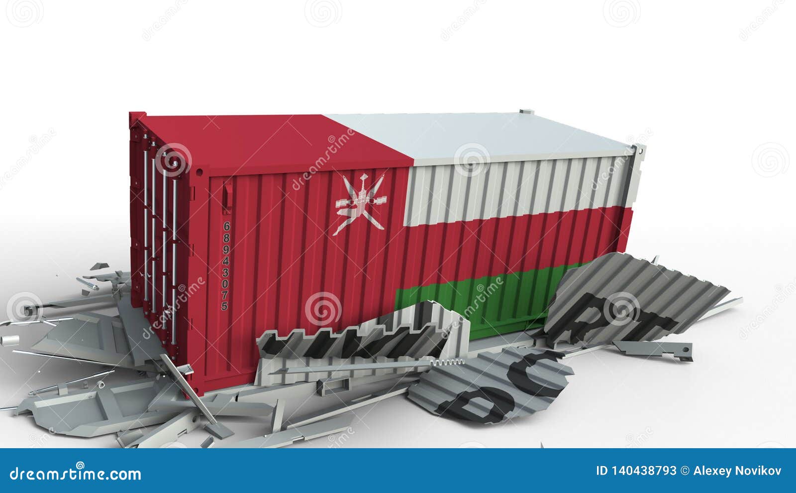 Cargo Container with Flag of Oman Breaks Container with IMPORT Text