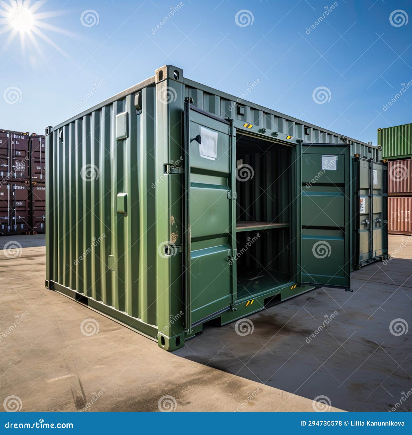 A Cargo Container, Painted in a Distinctive Olive Green Shade, Against