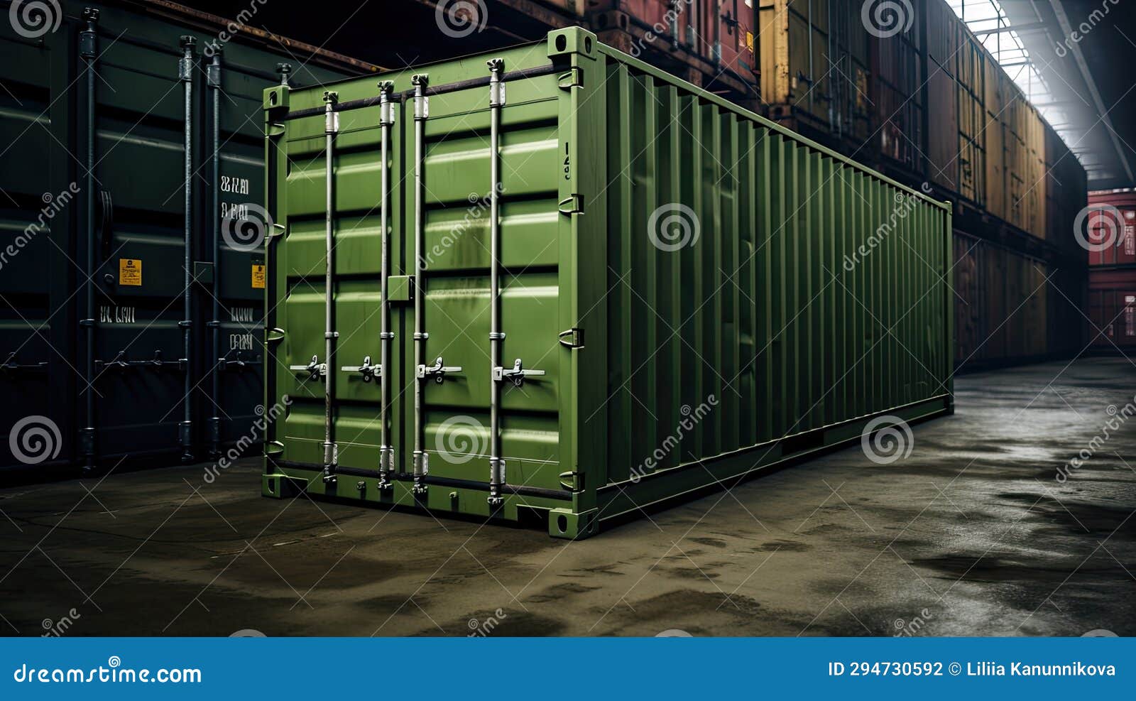 A Cargo Container, Painted in a Distinctive Olive Green Shade, Against